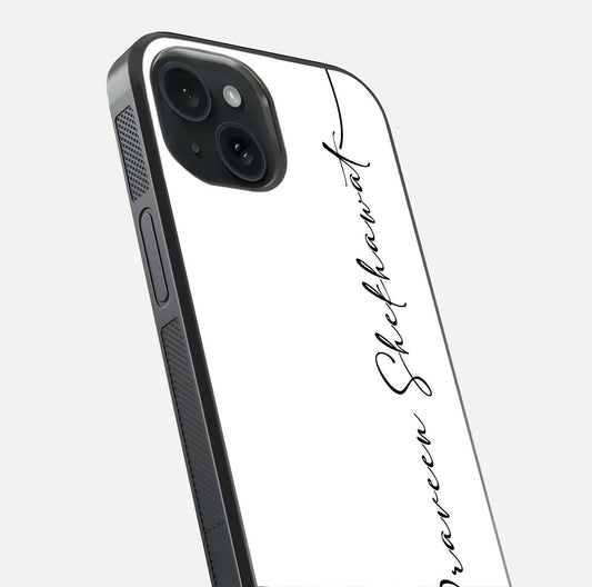 White Tune Custom Name Glass Case for iPhone 15 close-up angled shot highlighting gloss reflection and texture