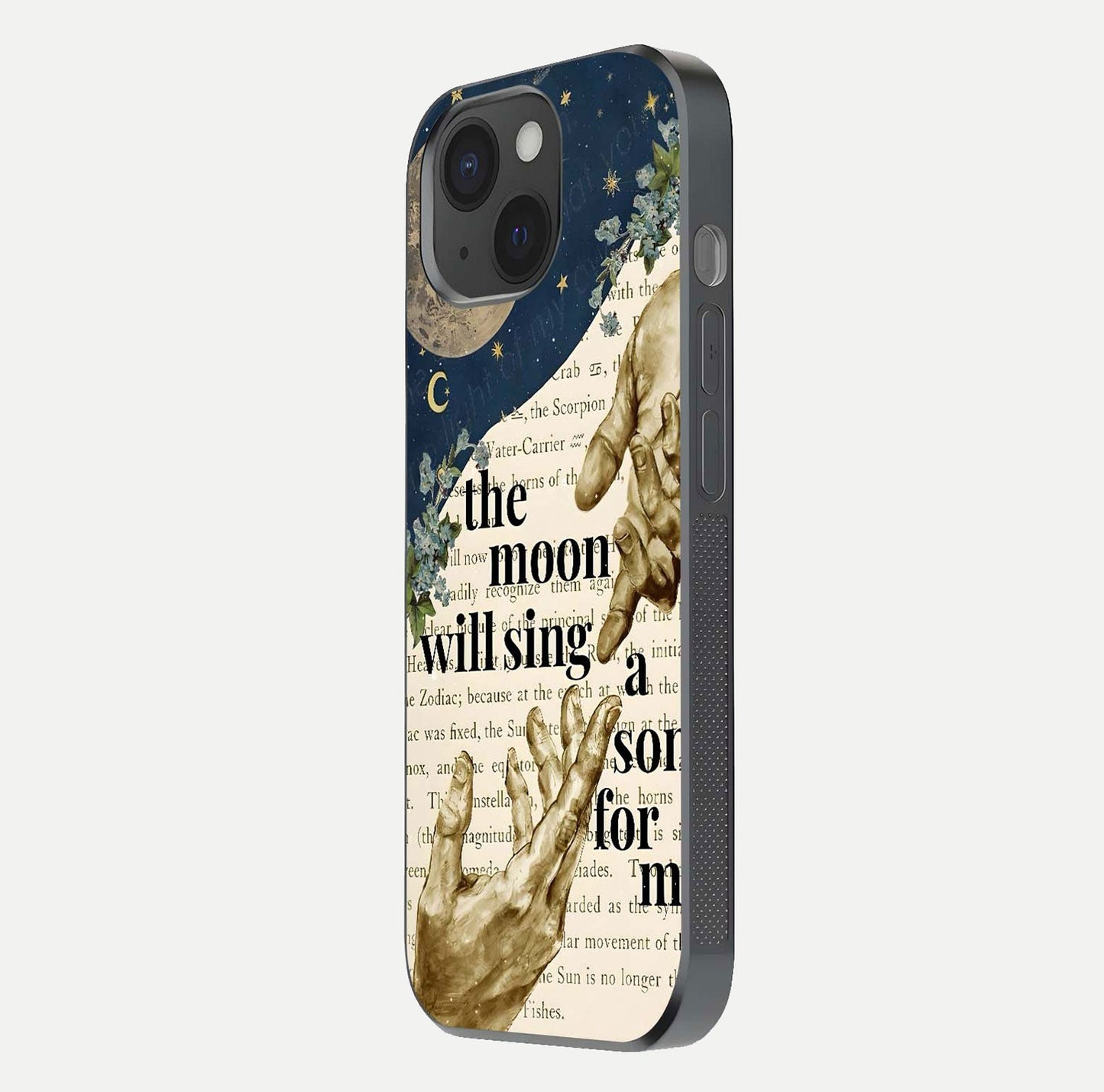 Aesthetic Divine Glass Case for iPhone 15 side-angle image showing divine abstract design, camera module, and glossy finish reflection