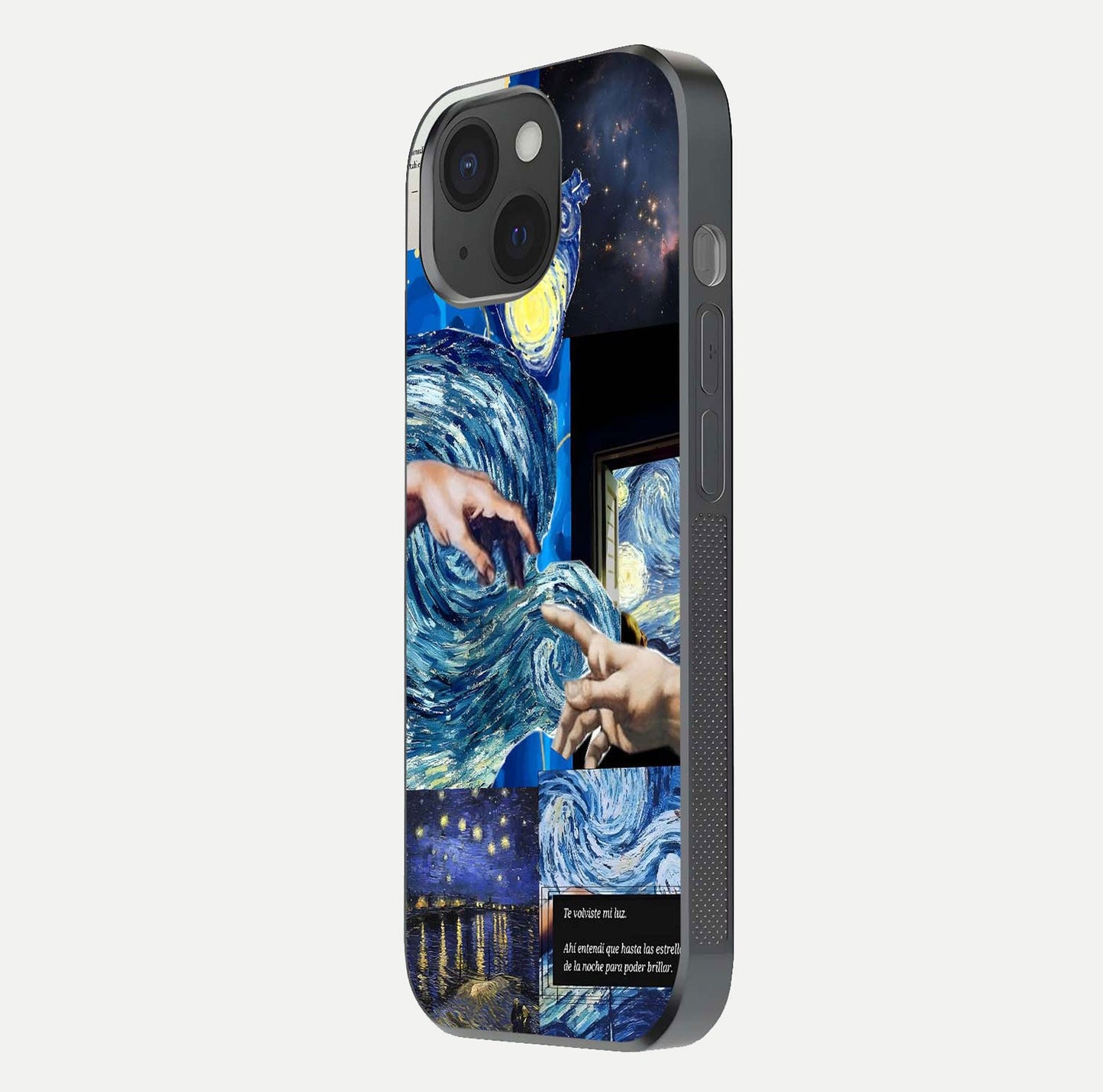 Aesthetic Vando Hands Glass Case for iPhone 15 side-angle image showcasing hand design, protective edges, and gloss texture