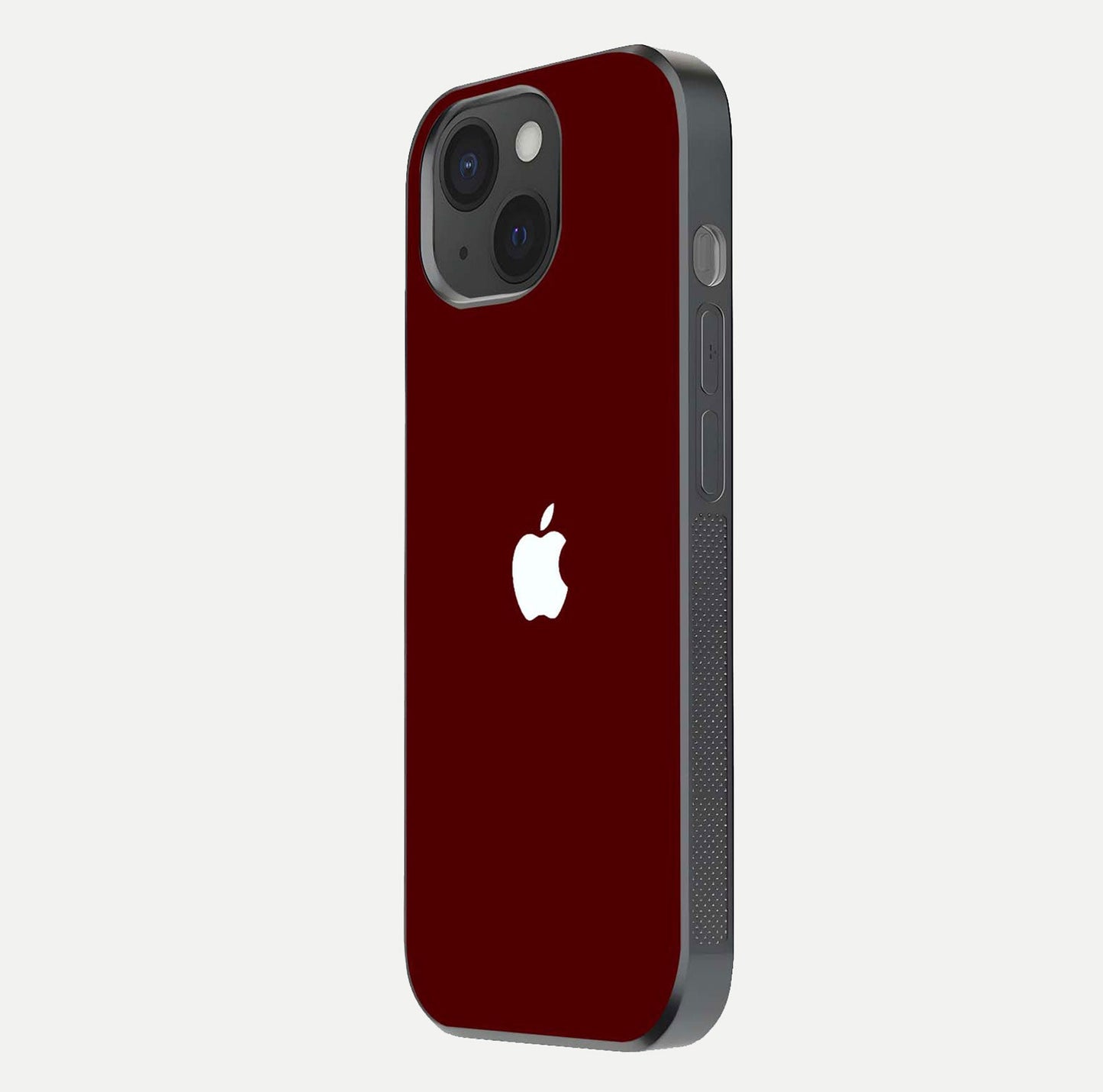 Apple Crimson Core Glass Case for iPhone 15 side-angle shot showing camera bump alignment and glossy shine