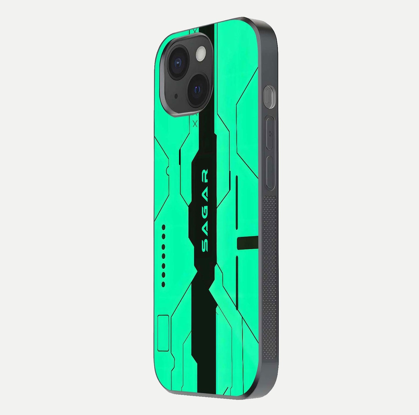 Aqua Tech CYBERPUNK Custom Name Glass Case for iPhone 15 side-angle image with glowing edges and glossy surface