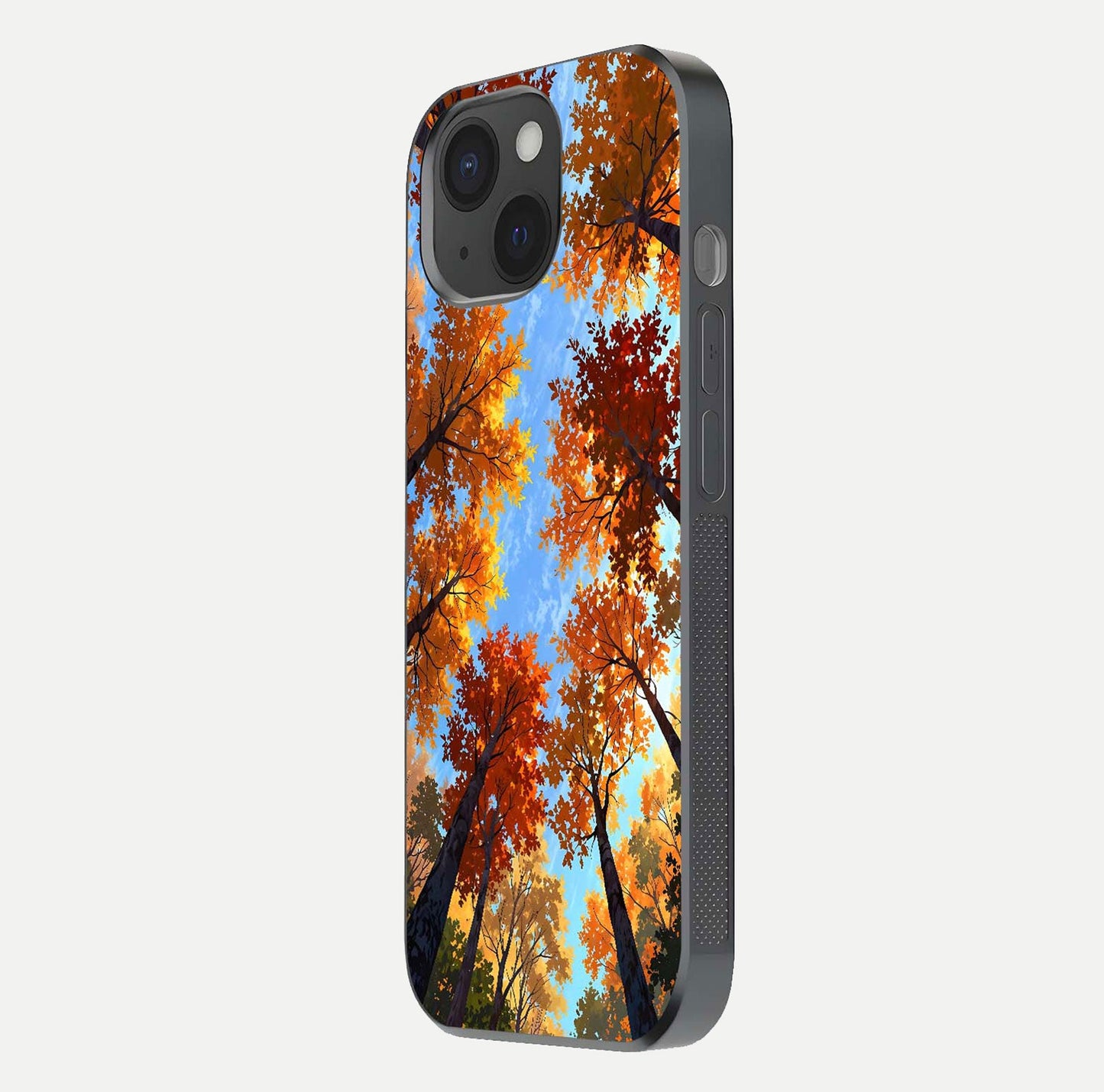Autumn Sky Rise Glass Case for iPhone 15 side-angle showing autumn art tones and protective corners