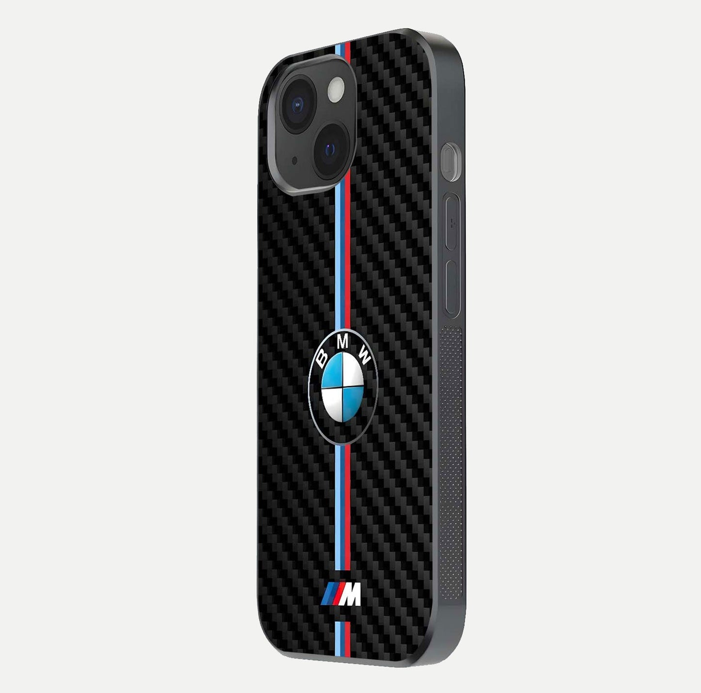 BMW Pattern Glass Case for iPhone 15 side-angle image showing edge finish and luxury car-inspired shine