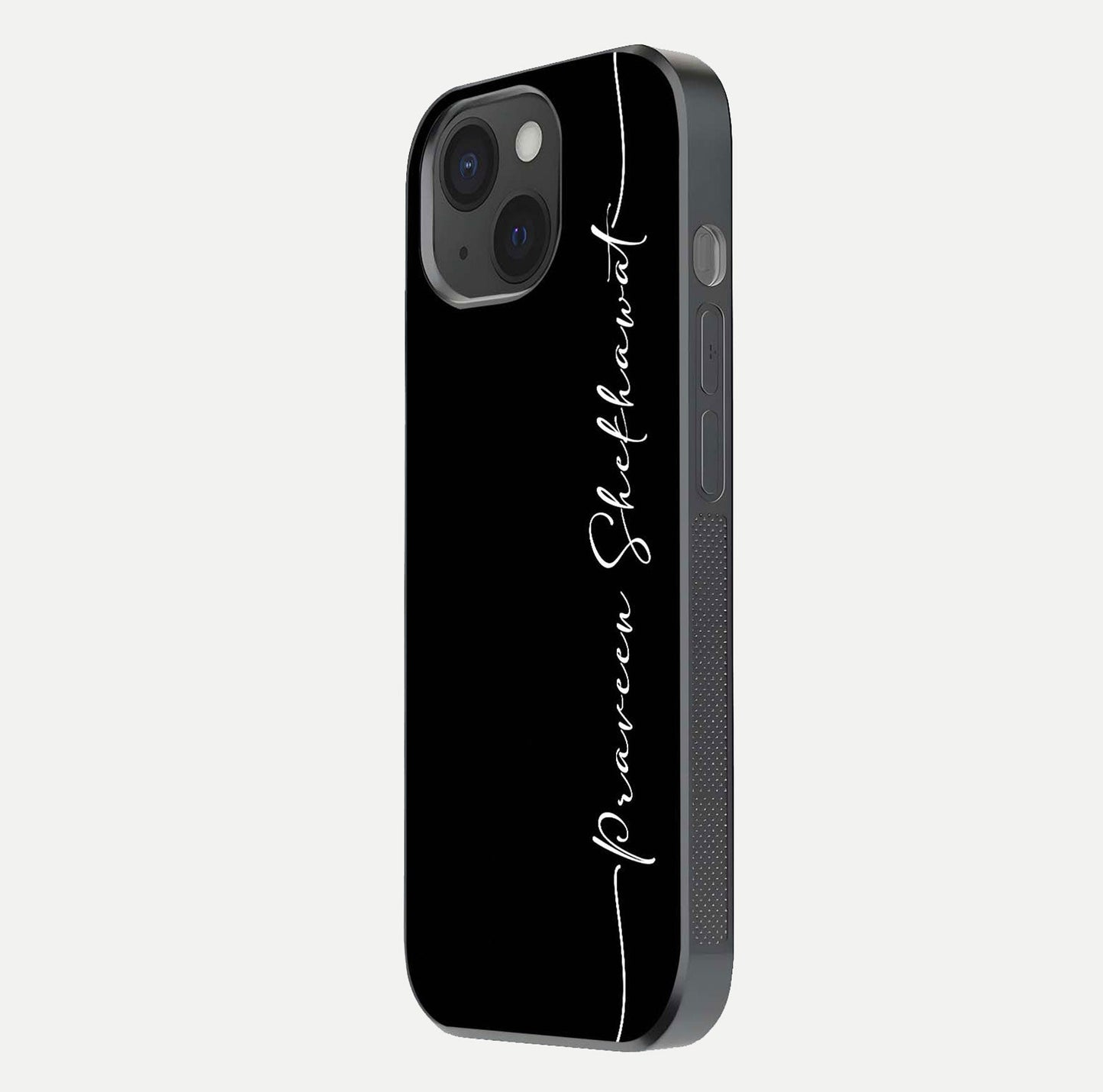 Black Tune Custom Name Glass Case for iPhone 15 side-angle photo showing mirror-like surface and slim profile