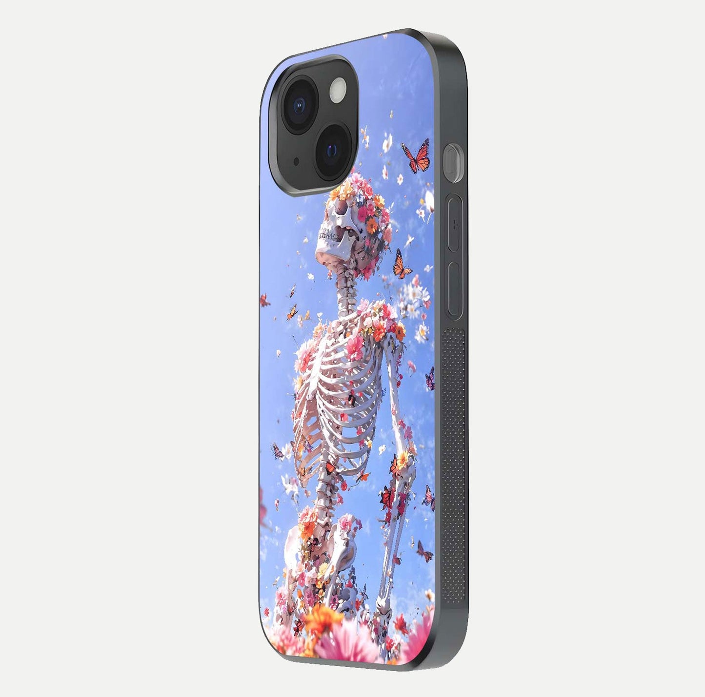 Bloom Beyond Bones Glass Case for iPhone 15 side-angle image highlighting print precision and gloss finish