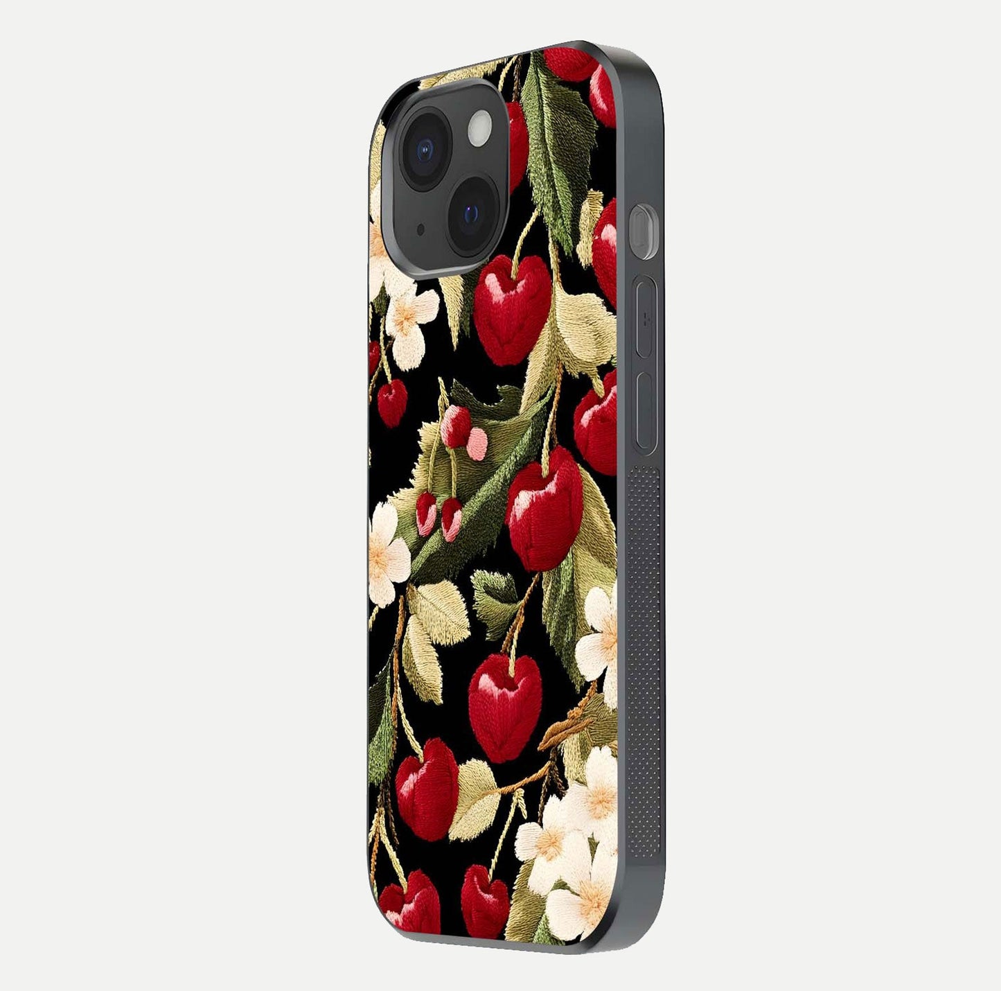 Bloom Thread Art Glass Case for iPhone 15 side-angle image showing texture depth and gloss reflection