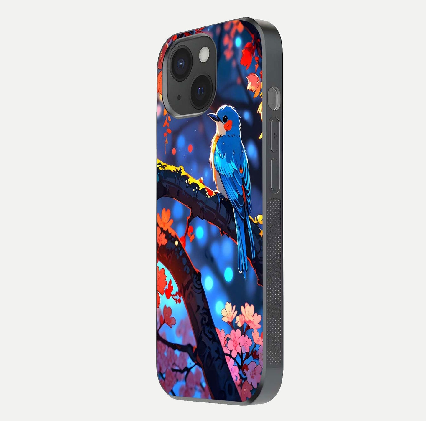 Blooming Spendor Bird Glass Case for iPhone 15 side-angle photo showing floral wings and reflection finish