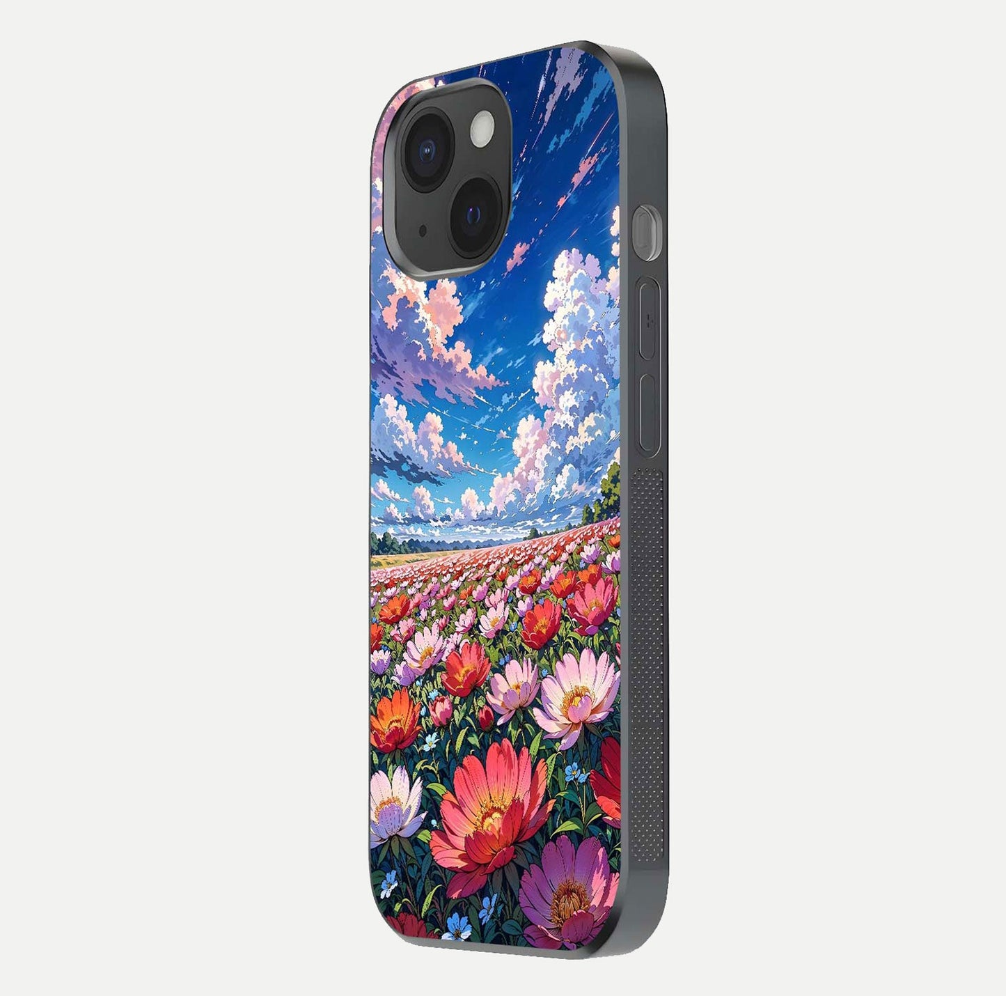 Blossom Sky Field Glass Case for iPhone 15 side-angle showing sky hues, blossom texture, and reflective shine