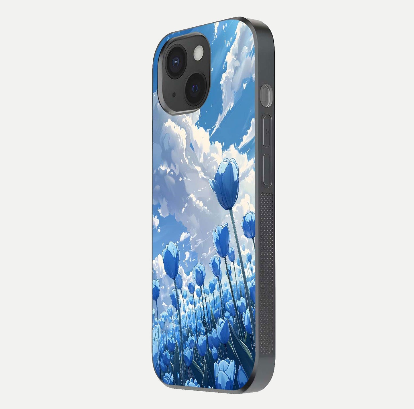 Blue Tulip Clouds Glass Case for iPhone 15 side-angle image showing edge curve and flower reflection glow