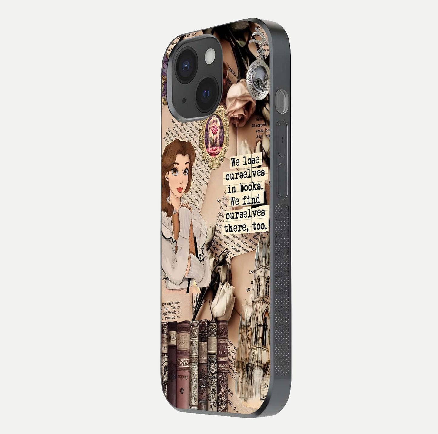 Bookish Dream World Glass Case for iPhone 15 side-angle image showing detail depth and smooth corner polish