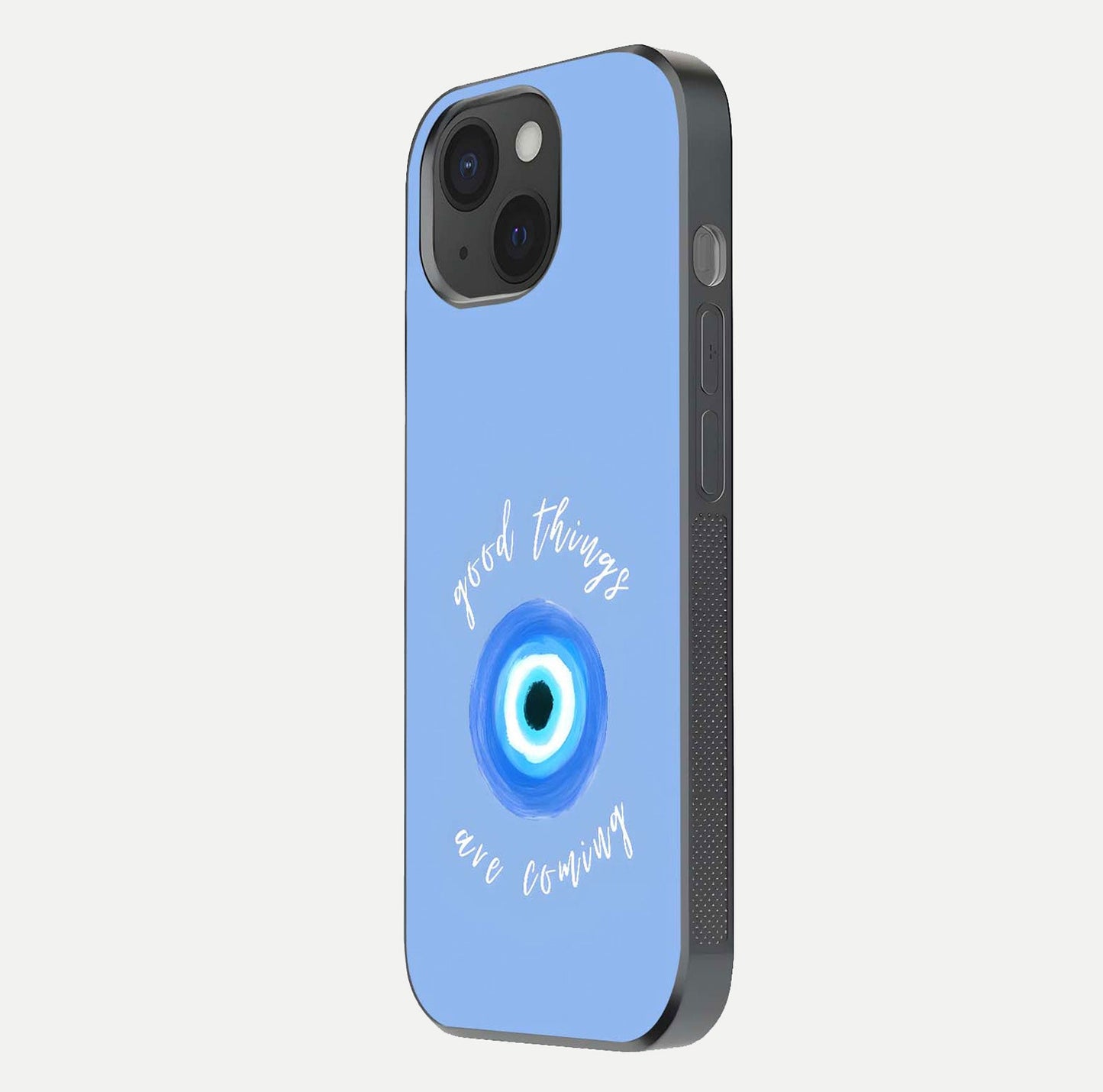 Bright Future Ahead Glass Case for iPhone 15 side-angle image displaying edge smoothness and reflective surface