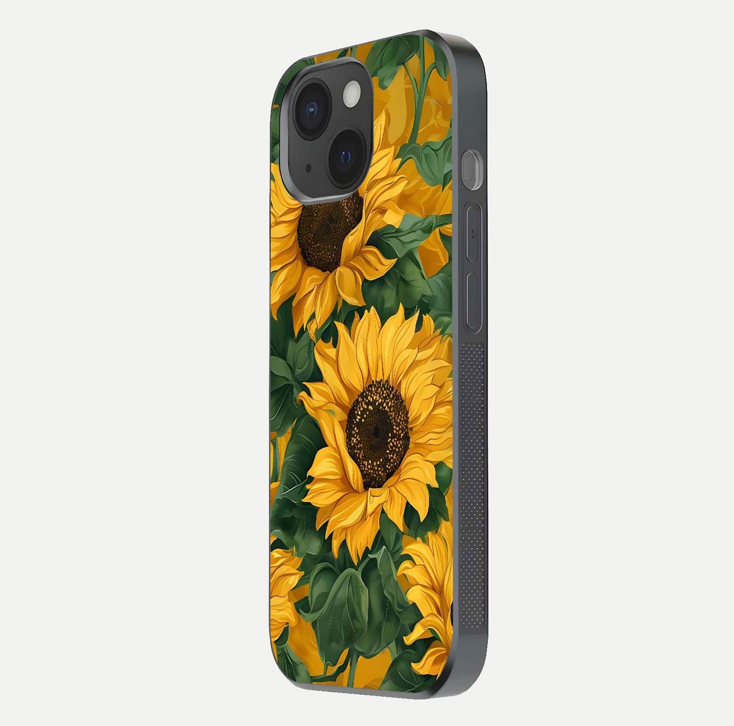 Bright Sunflower Bloom Glass Case for iPhone 15 side-angle image showing shine texture and detailed bloom