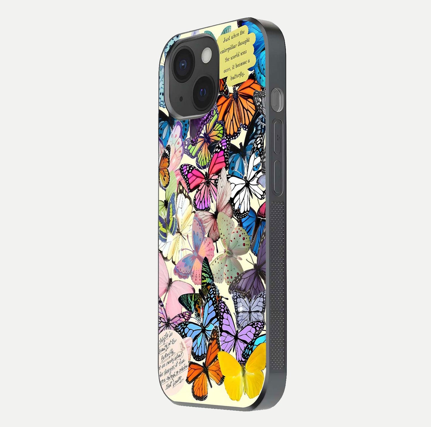 Butterflies Petal Dream Glass Case for iPhone 15 side-angle shot showing butterfly motion and curved edges