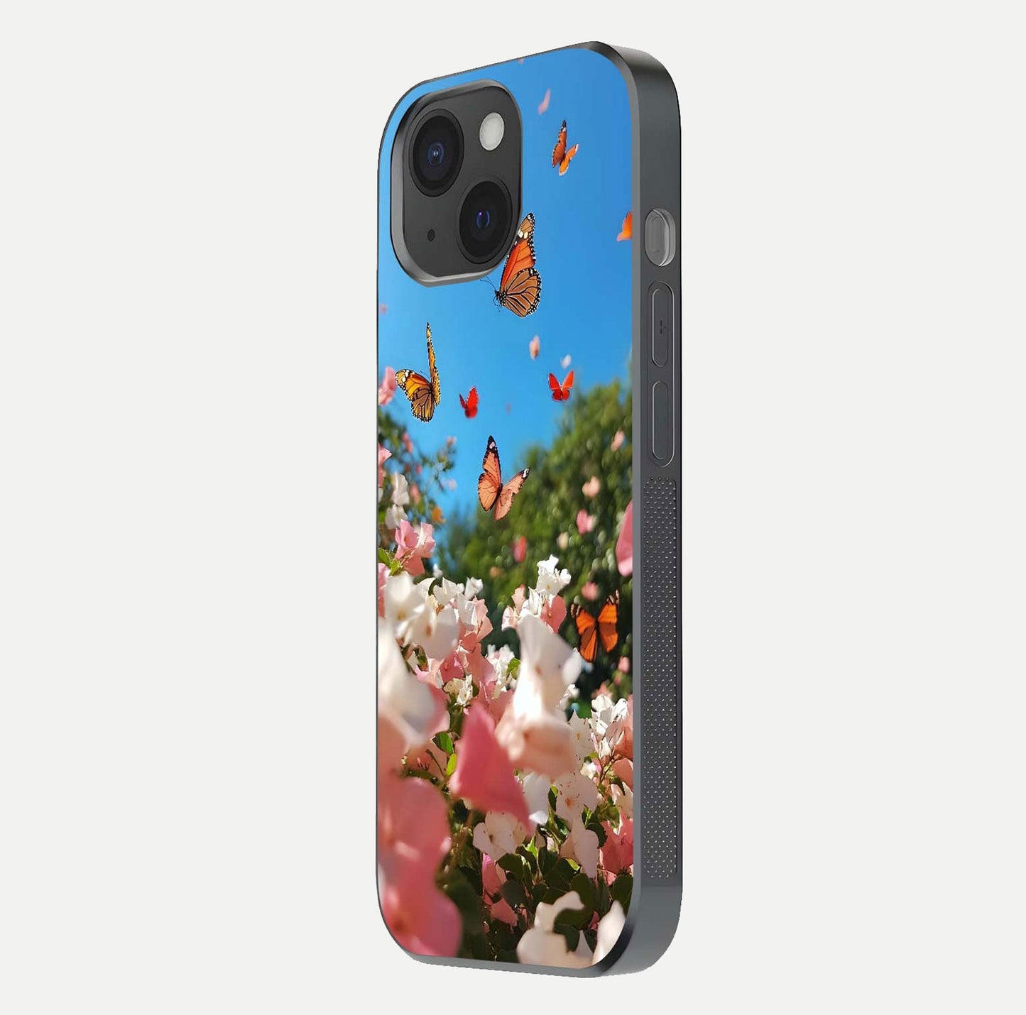 Butterflies in Bloom Sky Glass Case for iPhone 15 side-angle image showing delicate details and gloss polish