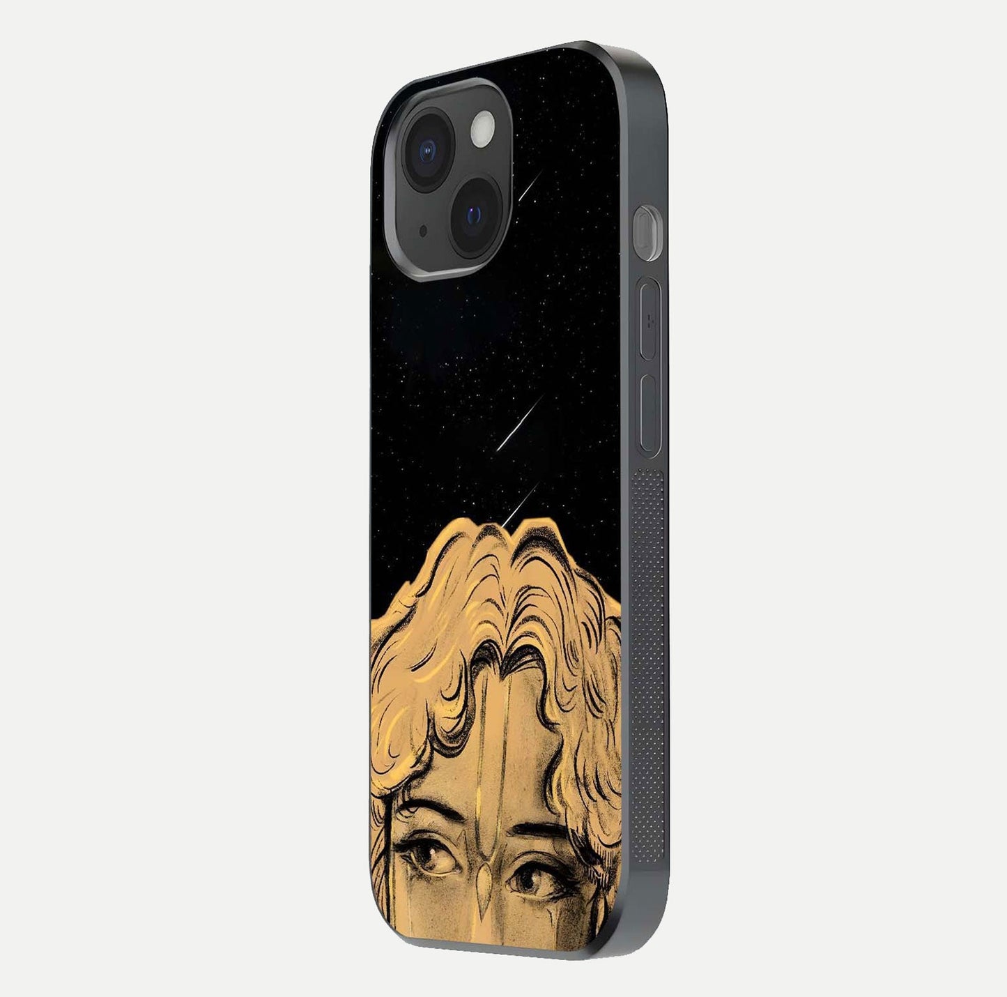Celestial God’s Plan Glass Case for iPhone 15 side-angle image showing gloss, camera frame, and cosmic tones