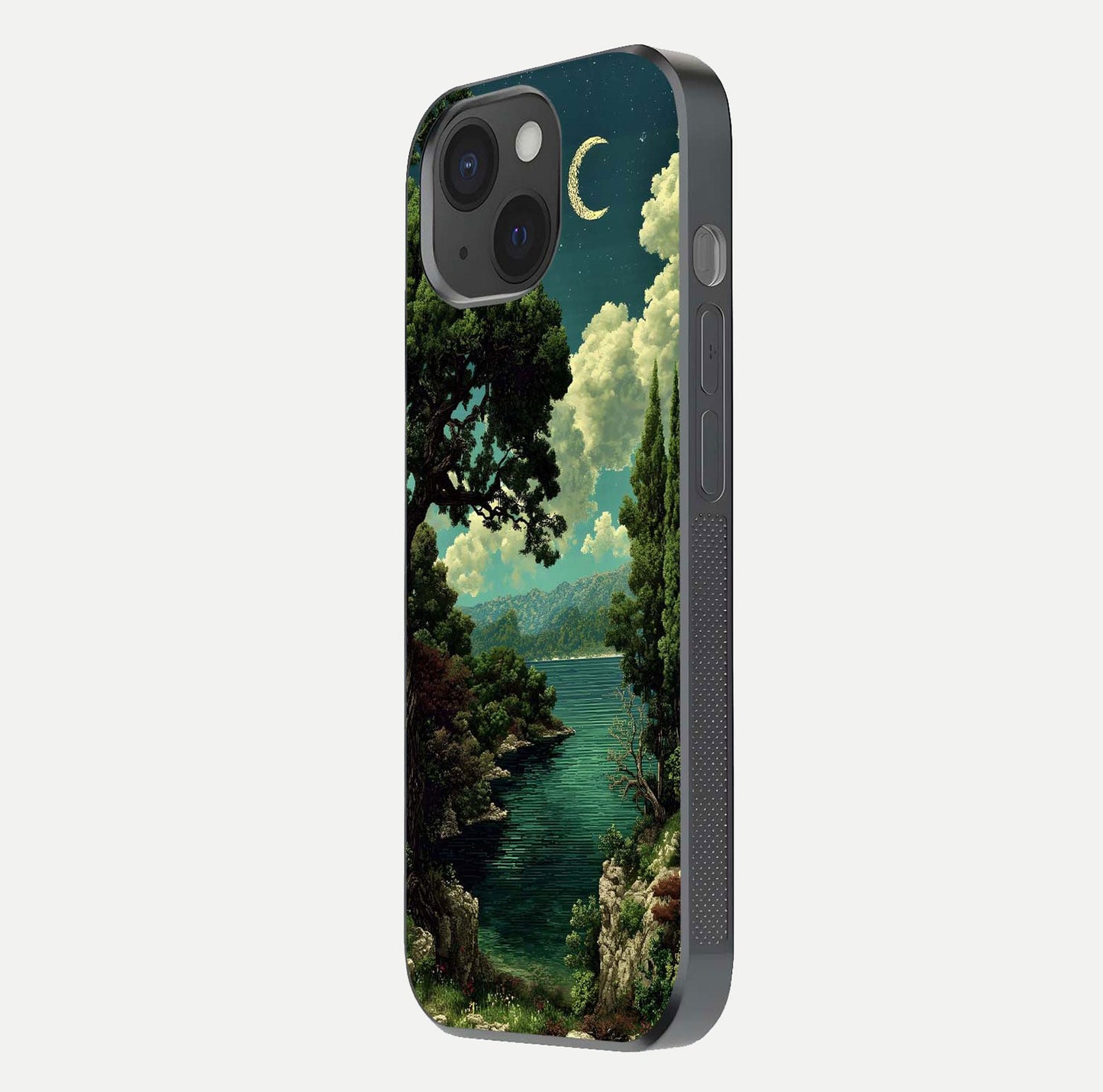 Celestial Lake Peace Glass Case for iPhone 15 side-angle image displaying reflective glow and gentle edges