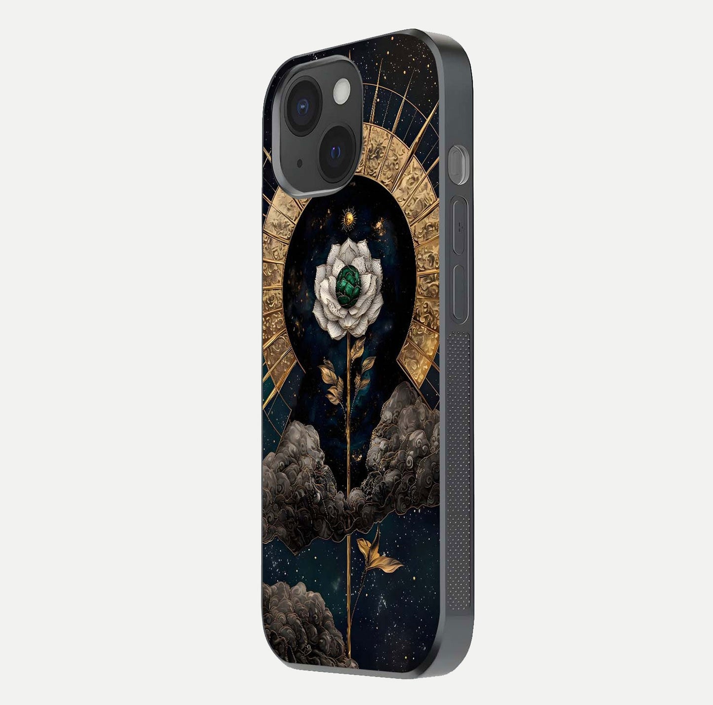 Celestial Lotus Morang Glass Case for iPhone 15 side-angle image capturing shine and smooth curvature