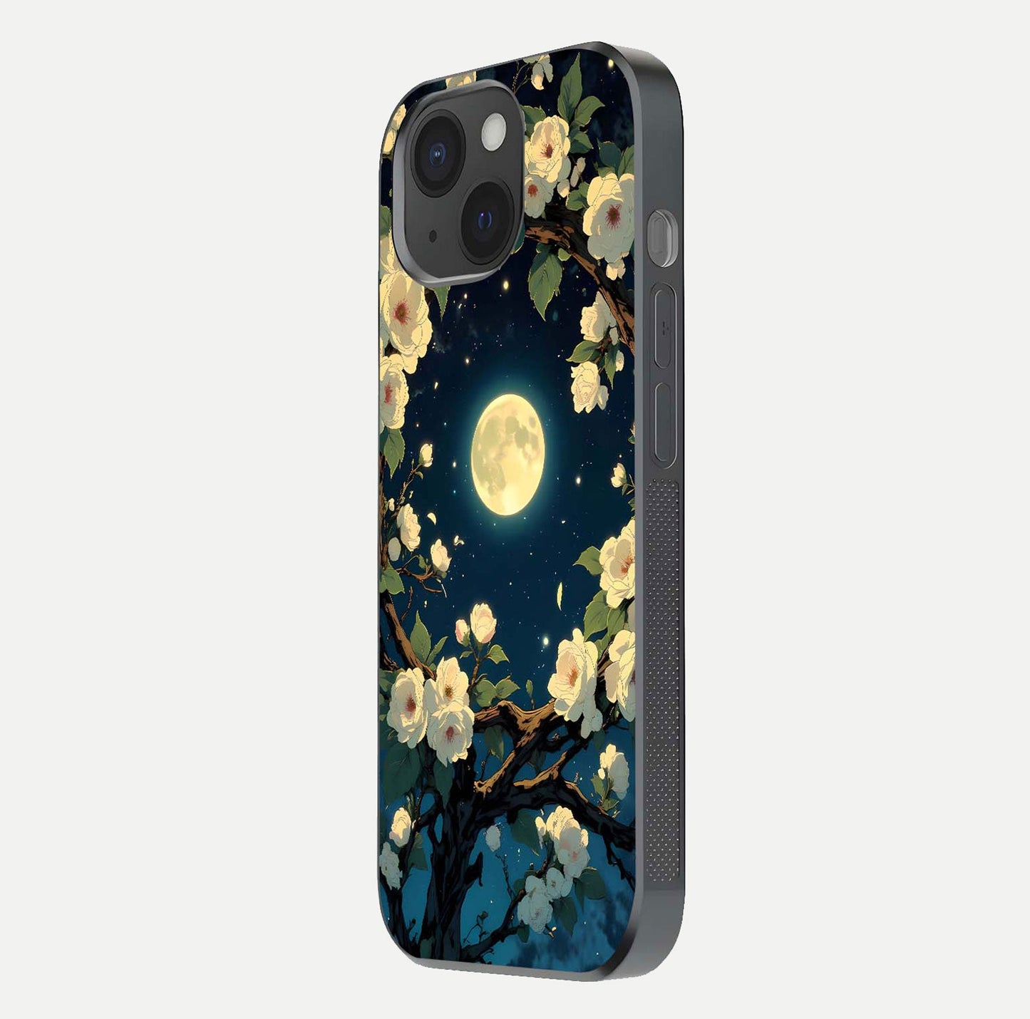 Celestial Moon & Flower Glass Case for iPhone 15 side-angle image showing edge smoothness and glow reflection