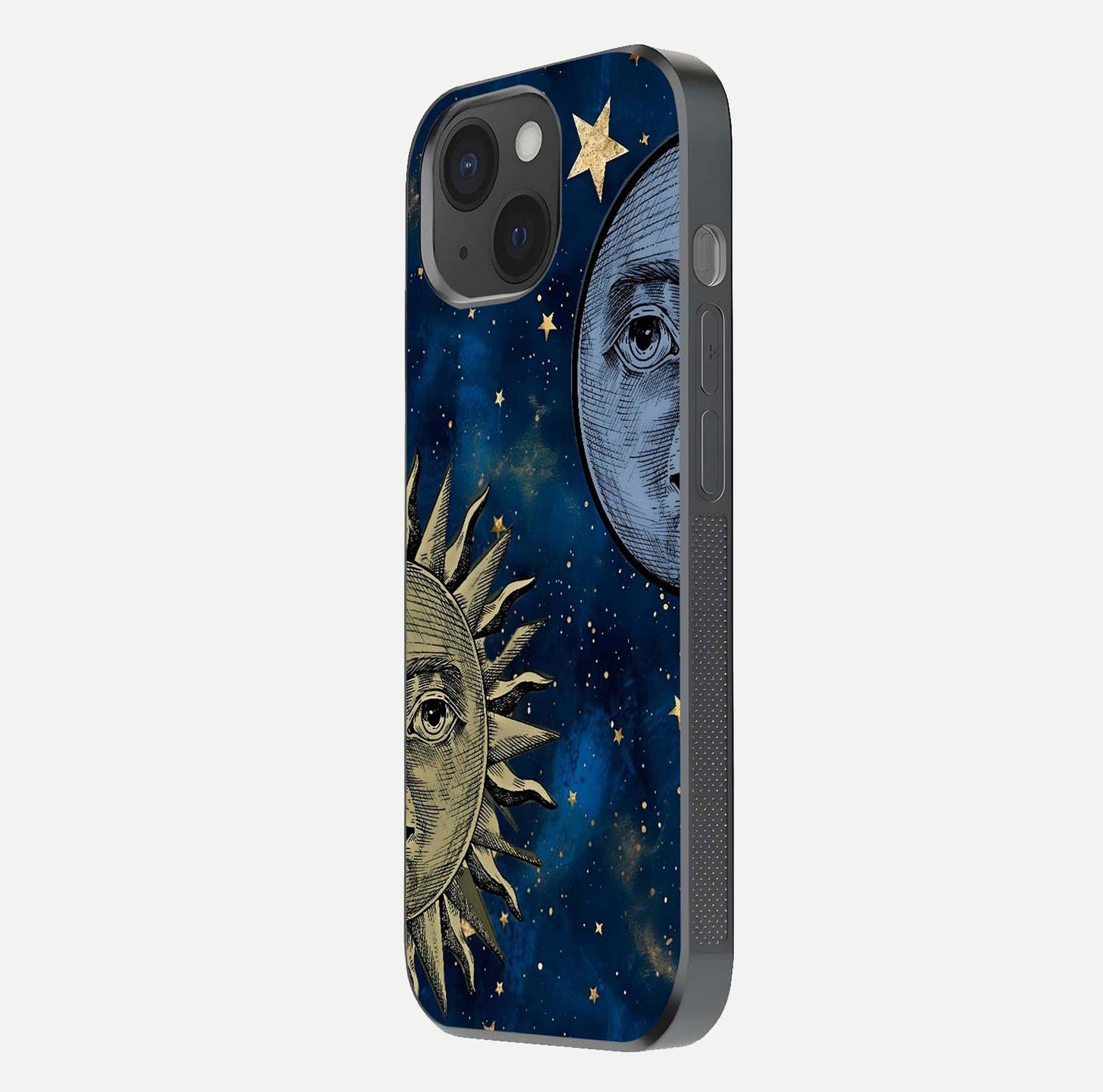 Celestial Moon With Sun Glass Case for iPhone 15 side-angle image showing reflection tones and cosmic edge