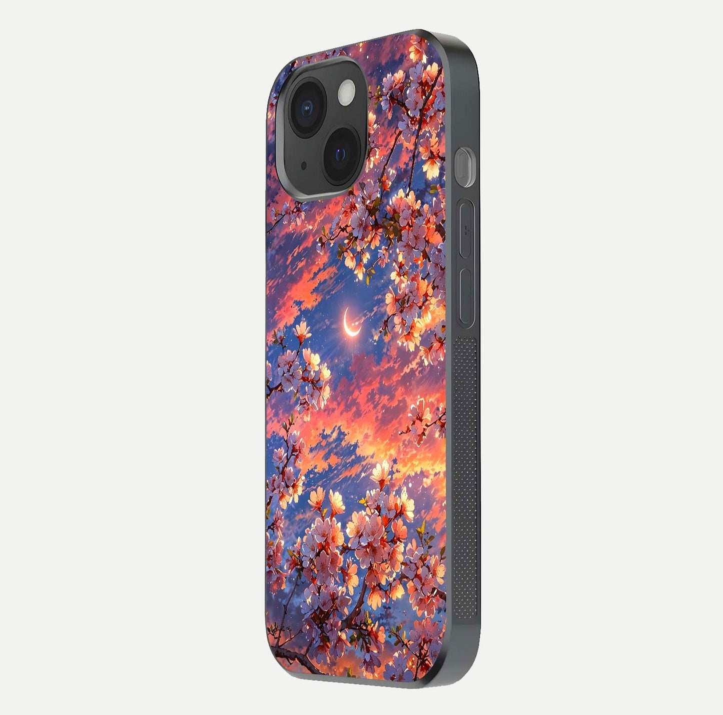 Celestial Sakura Sunset Glass Case for iPhone 15 side-angle image showing edge glow and petal texture