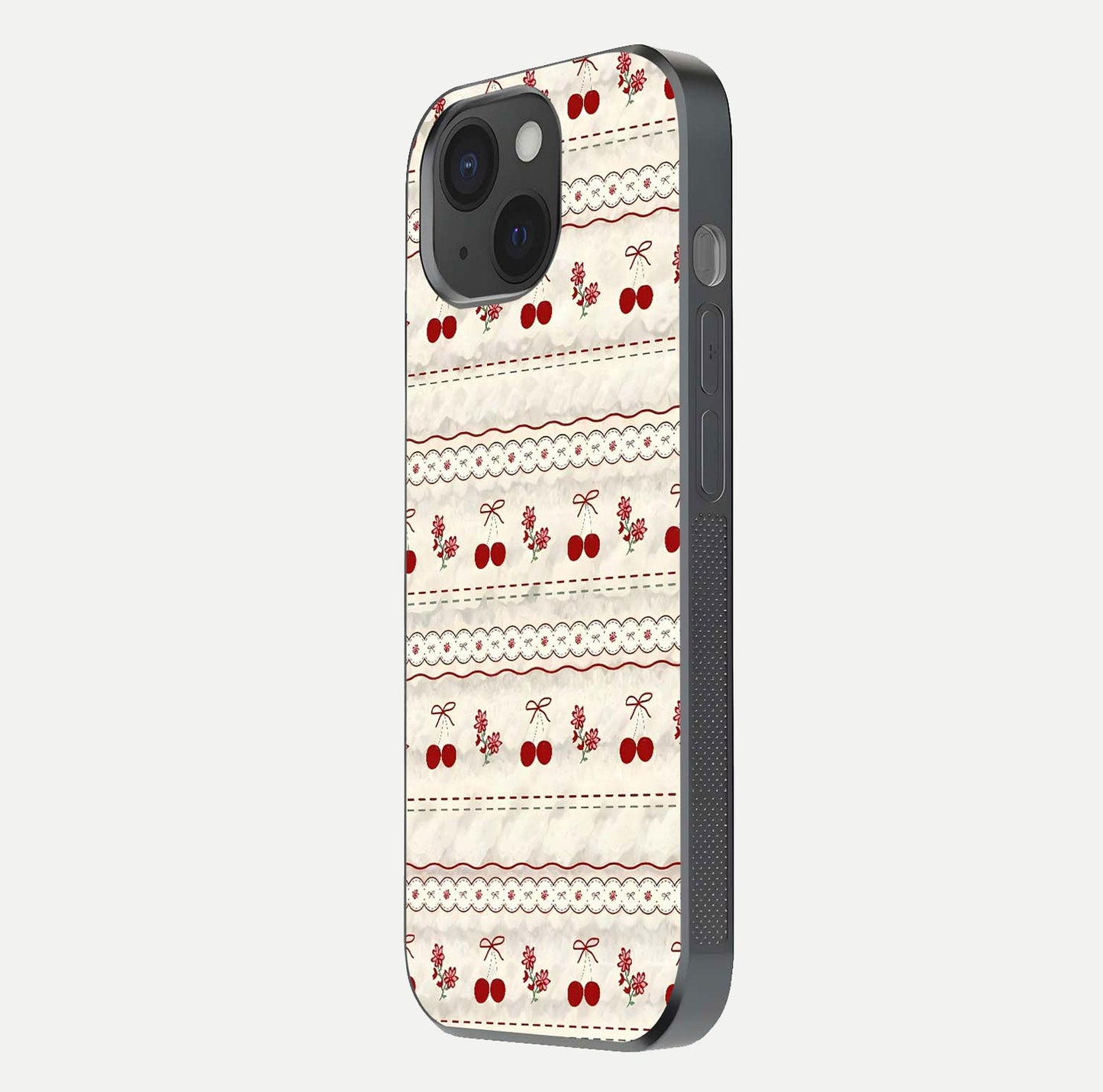 Cherry Bloom Charm Glass Case for iPhone 15 side-angle photo showing flower detail and edge light