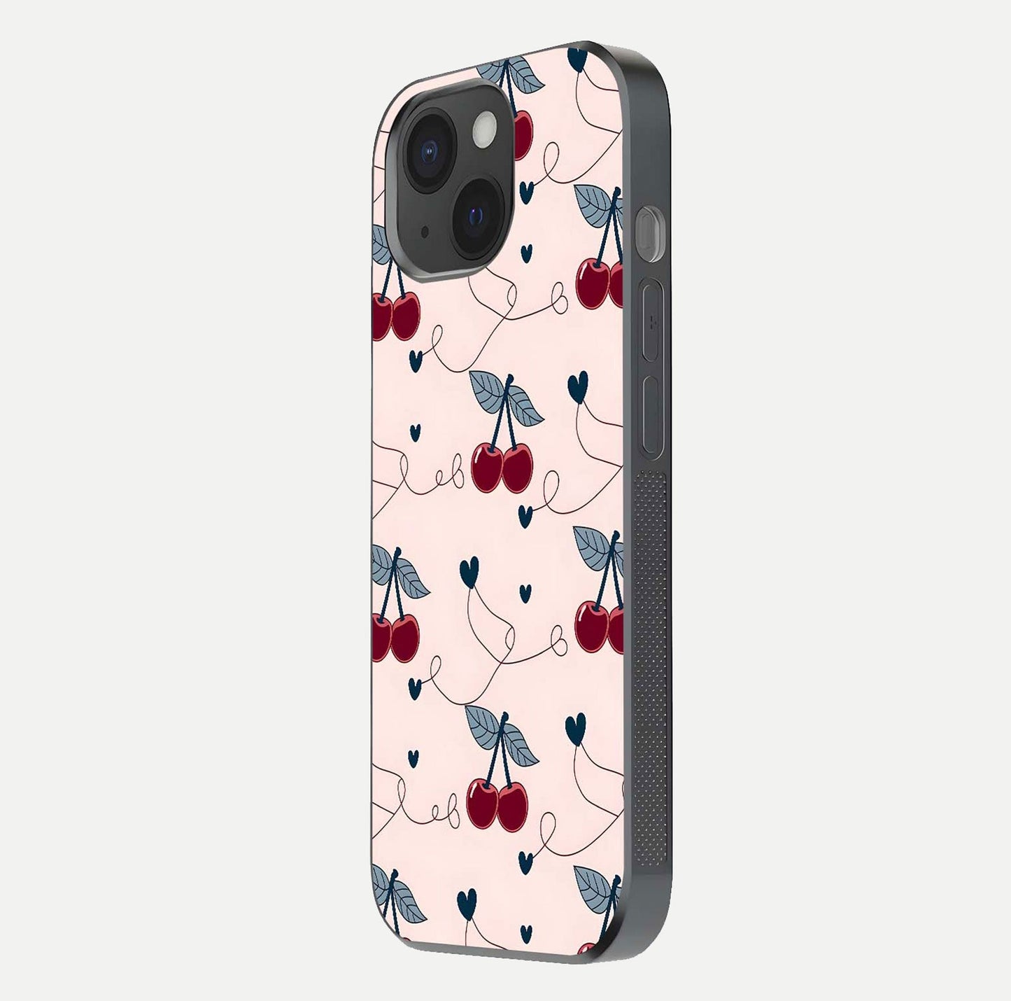 Cherry Heart Line Glass Case for iPhone 15 side-angle view capturing smooth curves and shine effect