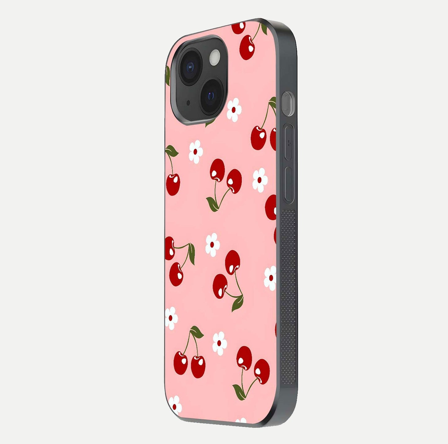 Cherry Love Mood Glass Case for iPhone 15 side-angle image capturing smooth gloss and delicate details