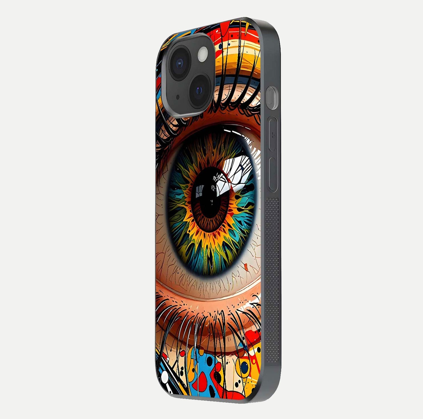 Colorful Eye Glass Case for iPhone 15 side-angle photo showing reflective surface and design detail