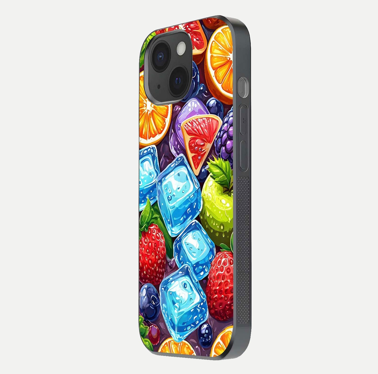 Colorful Fruits with Ice Glass Case for iPhone 15 side-angle photo showing curve gloss and vivid tones