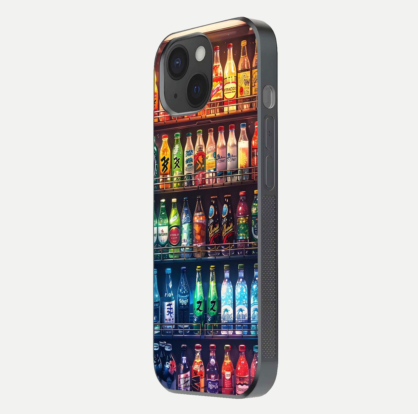 Colorful Soda Bottles Glass Case for iPhone 15 side-angle photo showing polish shine and texture depth