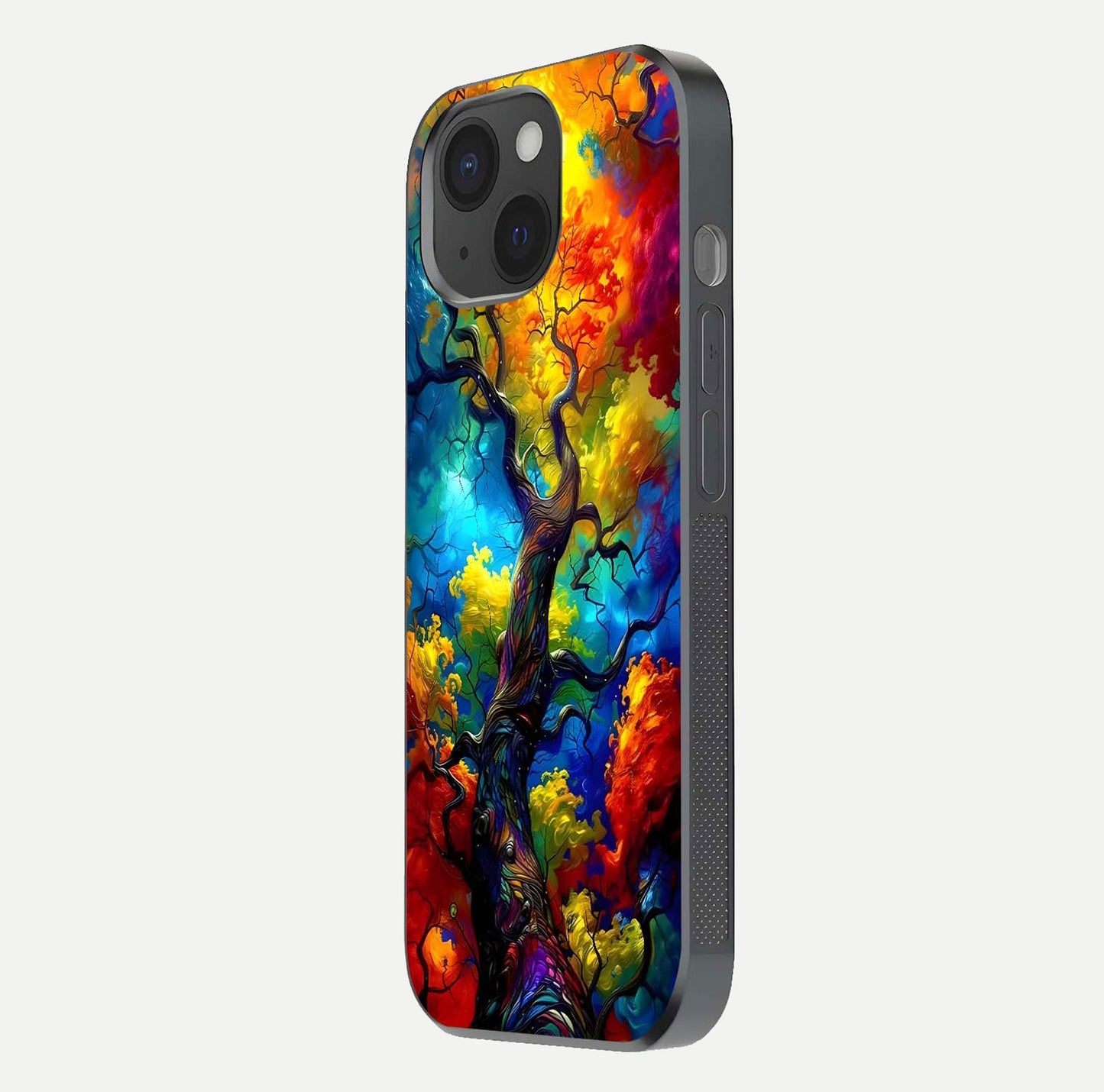 Colorful Tree Glass Case for iPhone 15 side-angle image showing curve reflection and fine print texture