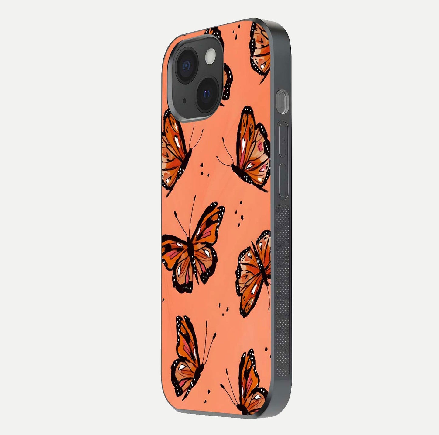 Coral Wing Butterfly Glass Case for iPhone 15 side-angle photo showing reflective finish and smooth edges