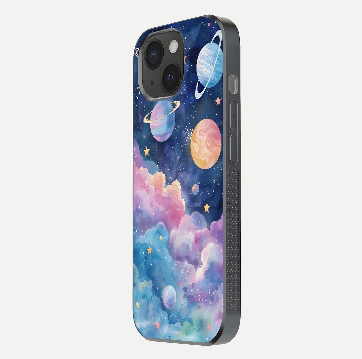Cosmic Planet Dreams Glass Case for iPhone 15 side-angle image showing texture clarity and shine