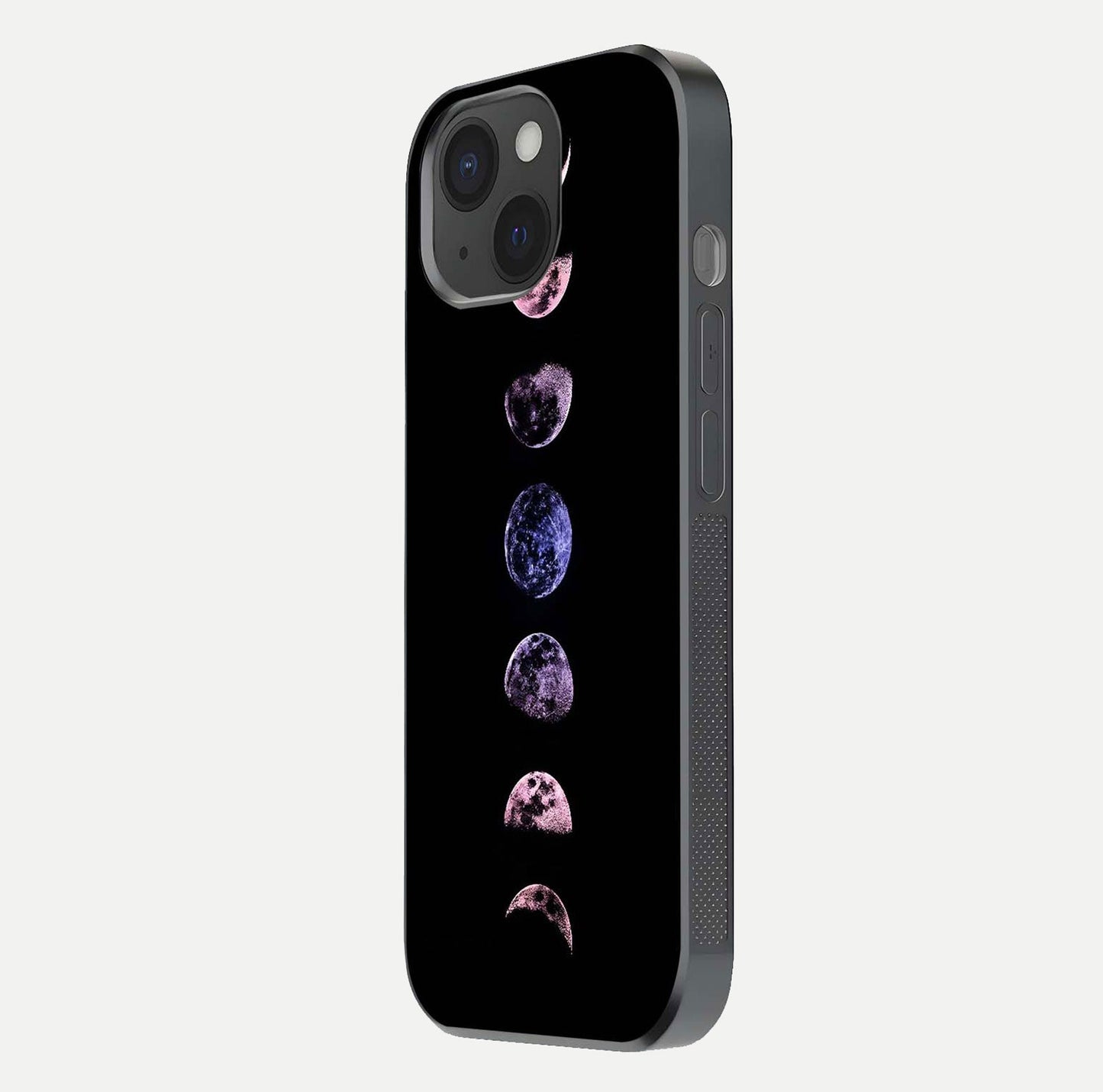 Crimson All Planets Glass Case for iPhone 15 side-angle photo capturing edge glow and glass reflection