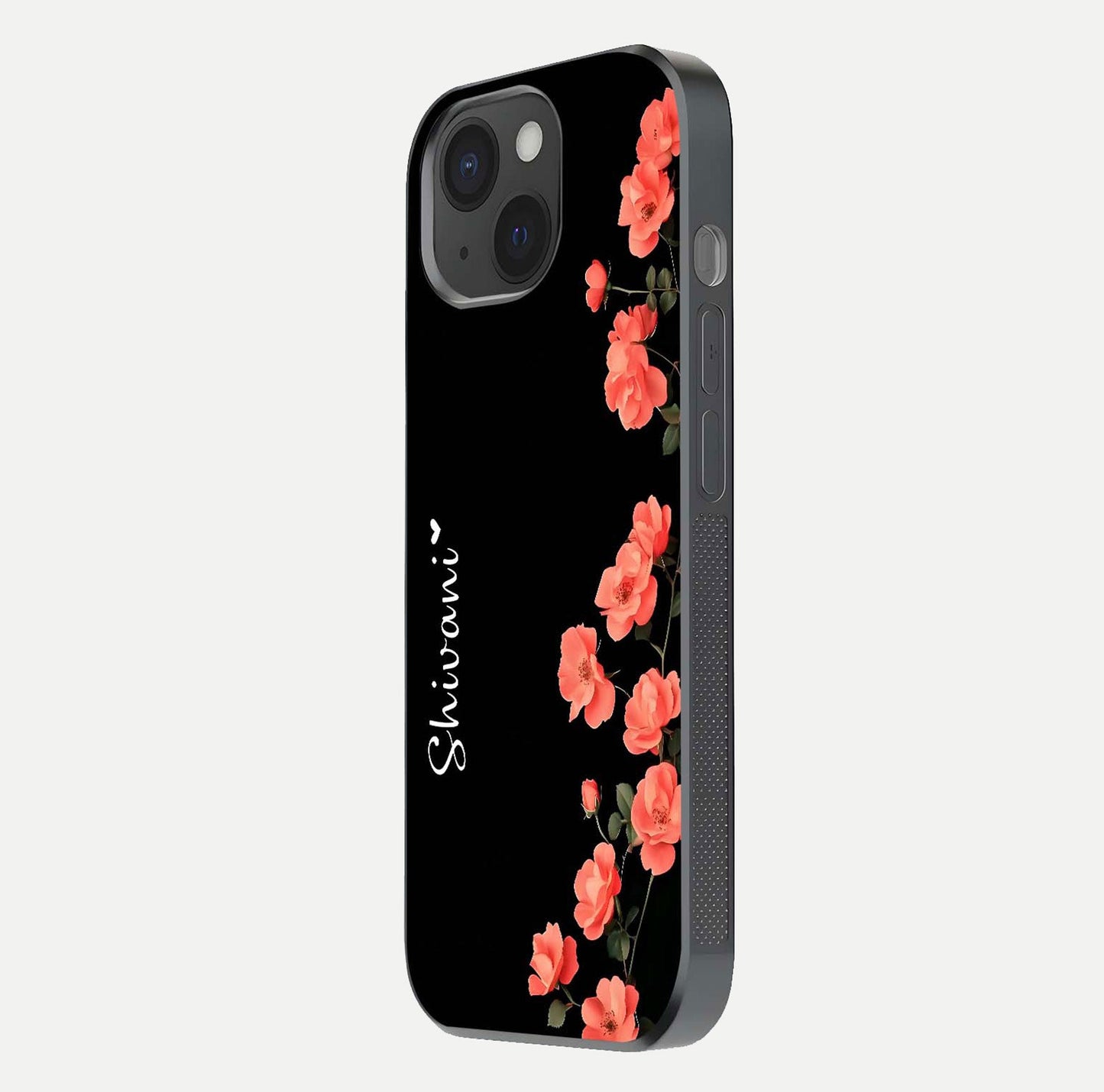 Crimson Bloom Grace Custom Name Glass Case for iPhone 15 side-angle photo capturing edge glow and name clarity