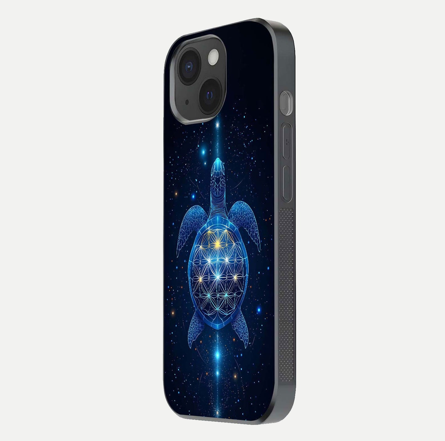 Crimson Blue Turtle Glass Case for iPhone 15 side-angle photo showing curved edge and glass gloss