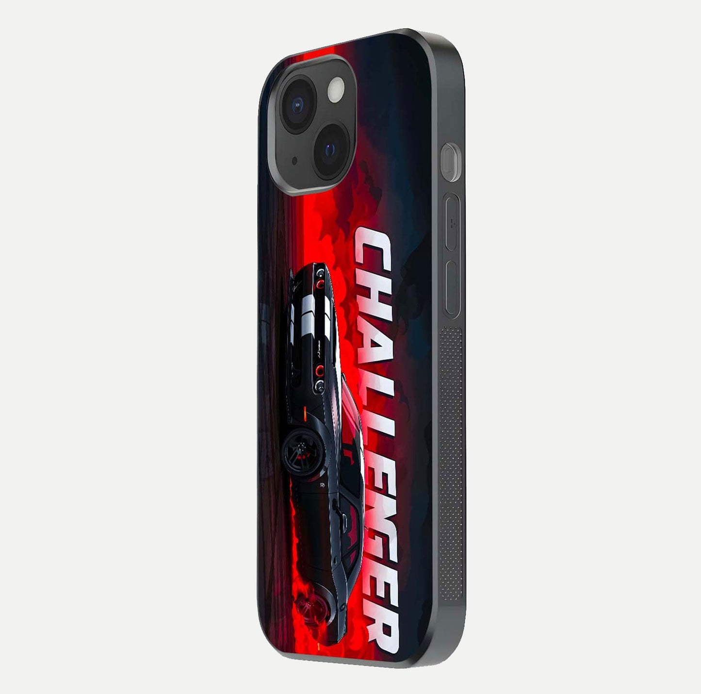 Crimson Challenger Fury Glass Case for iPhone 15 side-angle image showing curve reflection and red finish