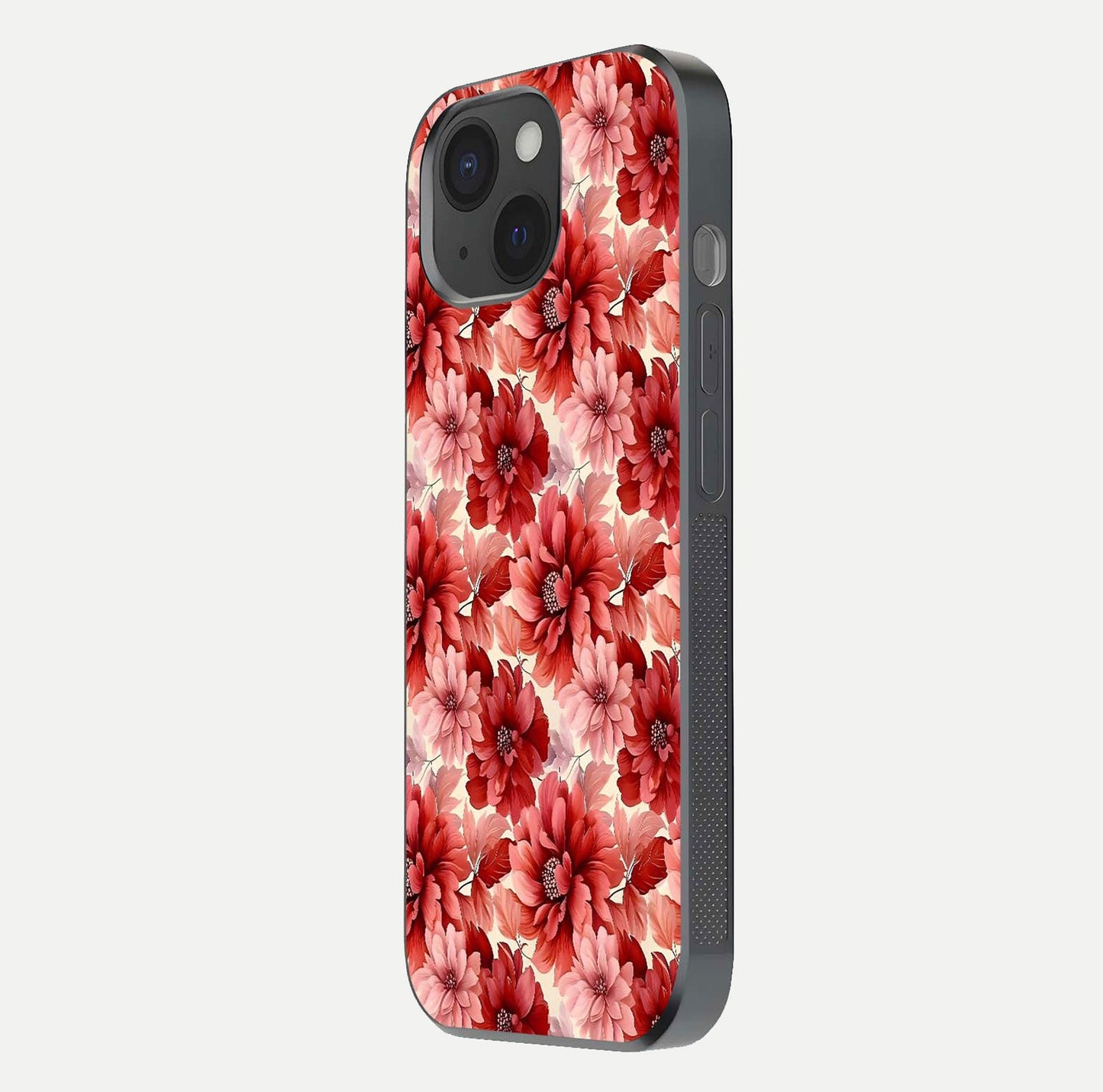 Crimson Love Petals Glass Case for iPhone 15 side-angle photo showing reflection glow and edge clarity