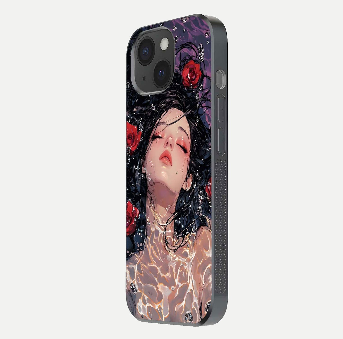 Crimson Rose Serenity Glass Case for iPhone 15 side-angle photo showing glass reflection and soft edges