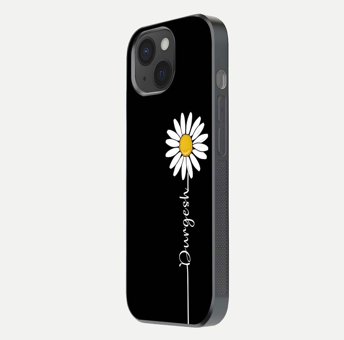Custom Name White Flower Glass Case for iPhone 15 side-angle photo showing reflection shine and name clarity