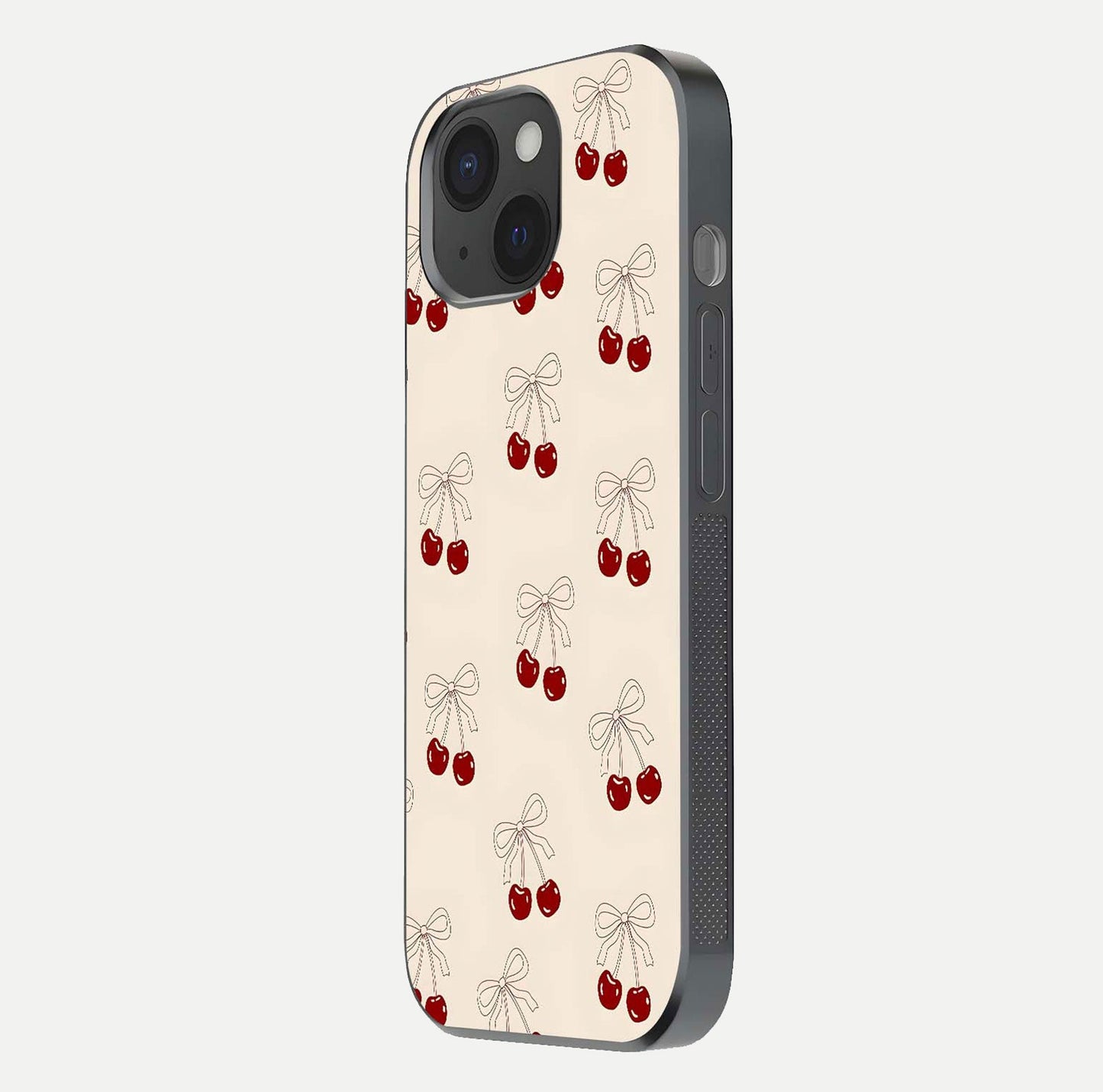 Cute Cherry Pattern Glass Case for iPhone 15 side-angle photo highlighting gloss curve and pattern clarity