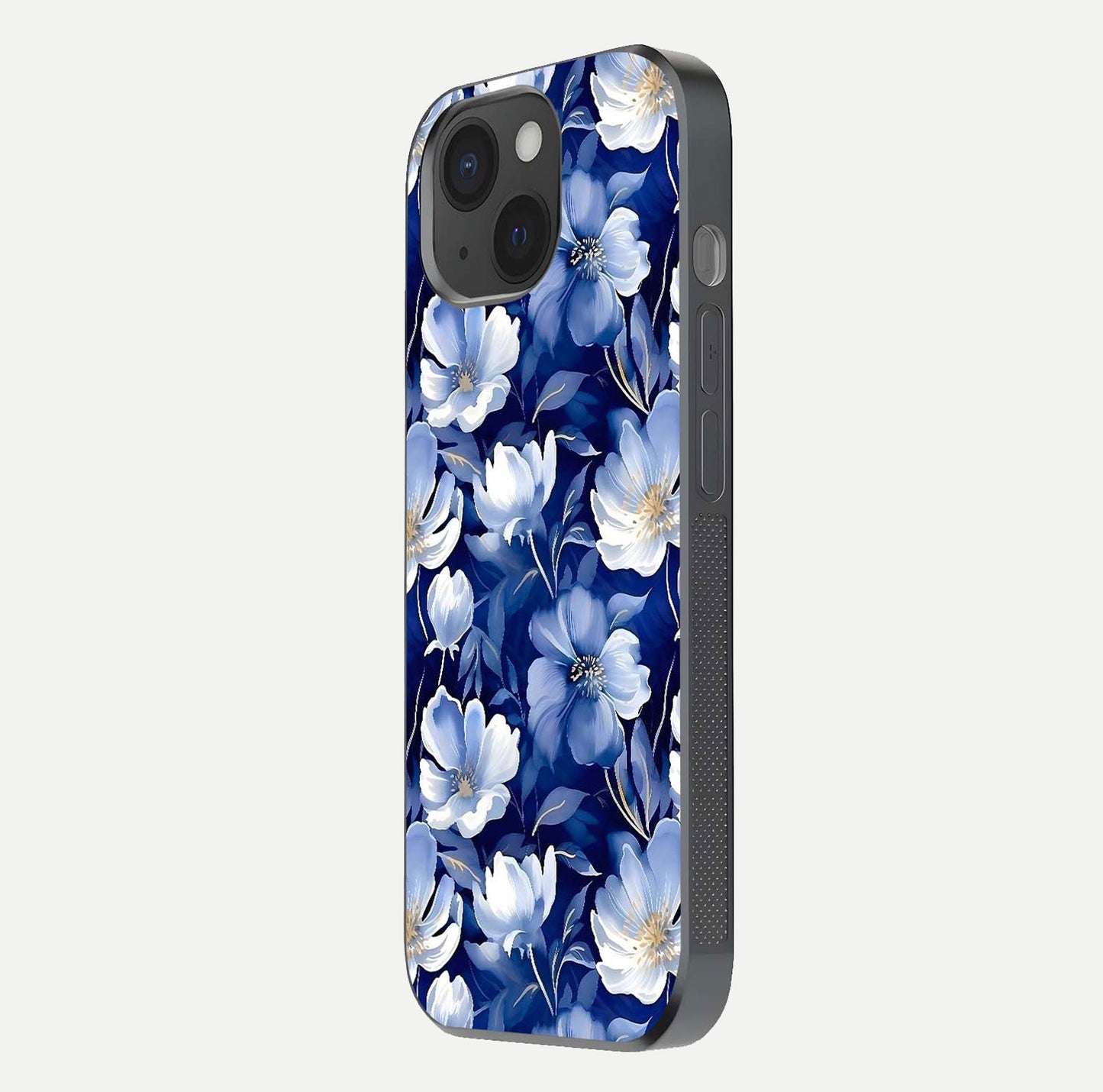 Cute Floral Patterns Glass Case for iPhone 15 side-angle image showing polished surface and gloss tone