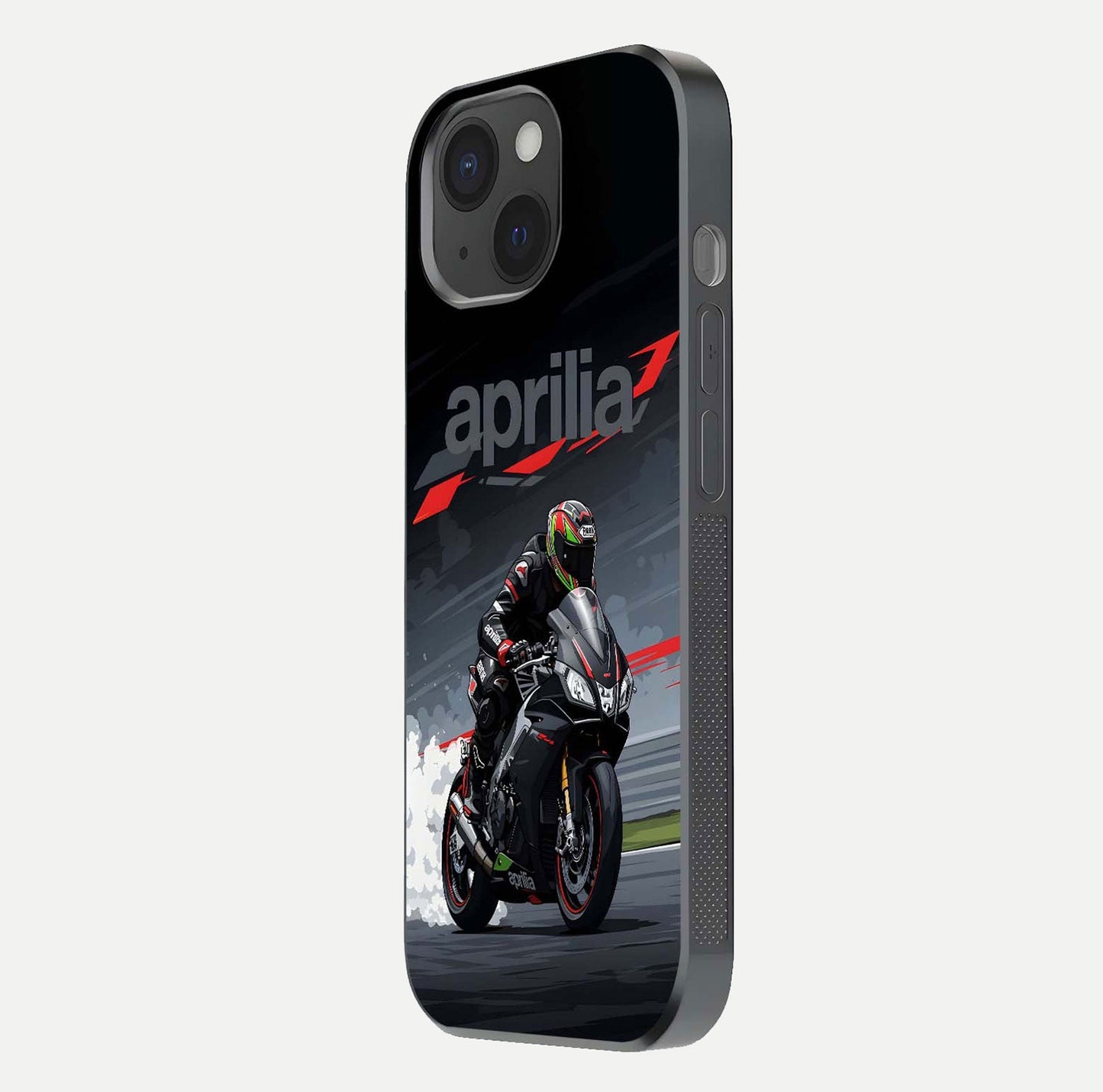 Dark Aprilla Glass Case for iPhone 15 side-angle photo showing reflection gloss and curved edge finish