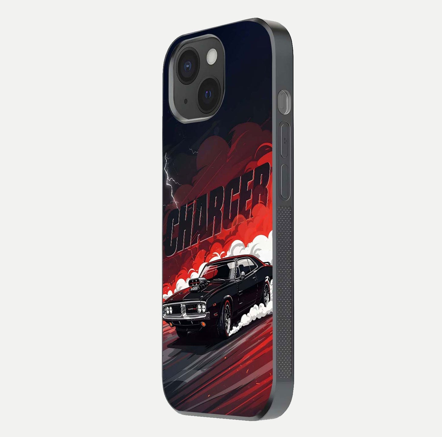 Dark Charger Fury Glass Case for iPhone 15 side-angle image showing edge gloss and bold tone