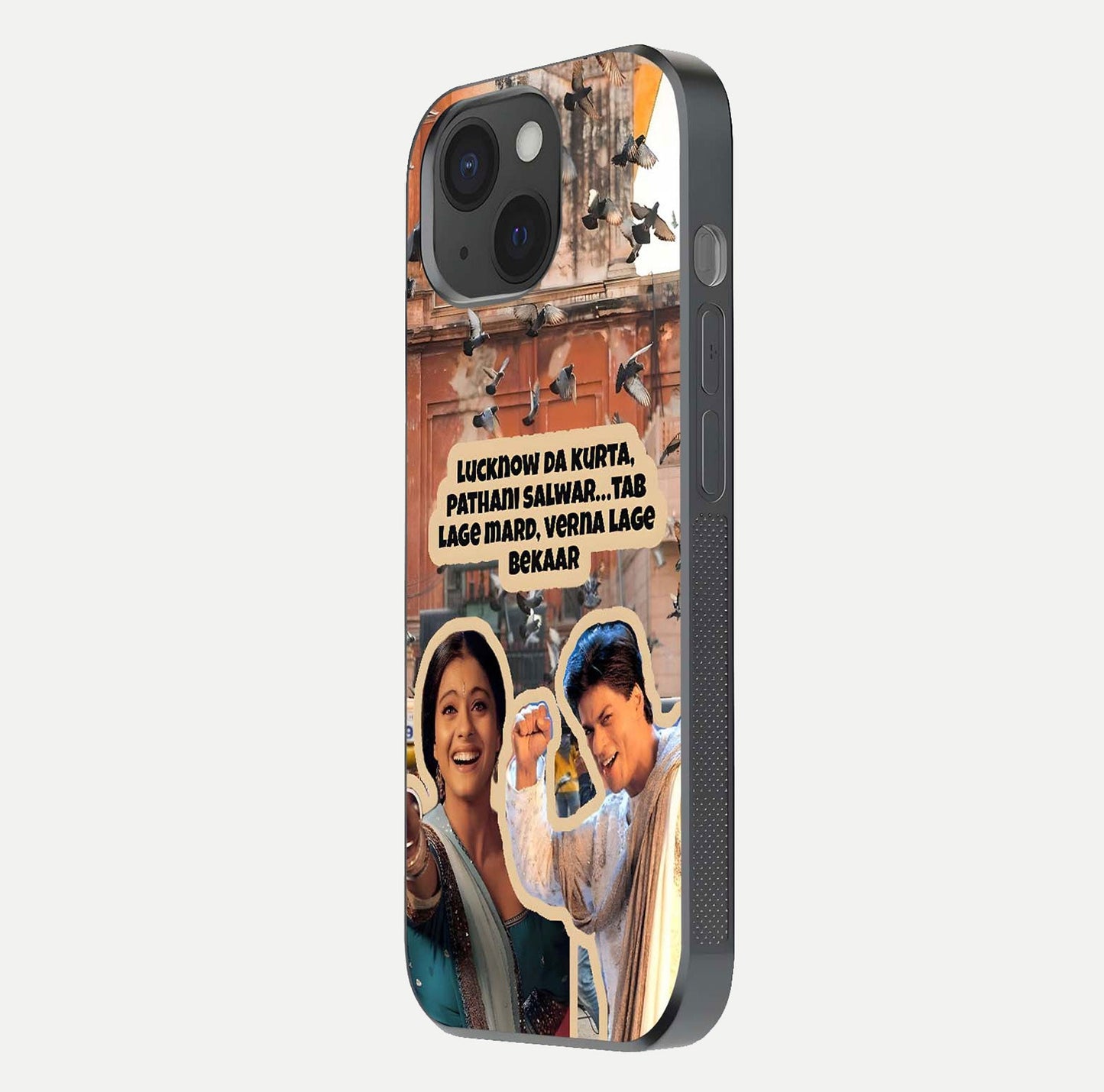 Desi Retro Vibes Glass Case for iPhone 15 side-angle image displaying gloss texture and bold pattern