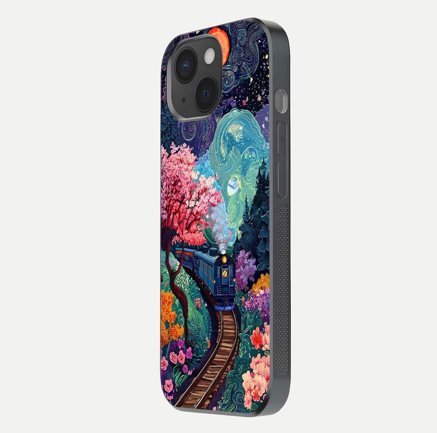 Digital Art Glass Case for iPhone 15 side-angle photo showing shine depth and artistic clarity