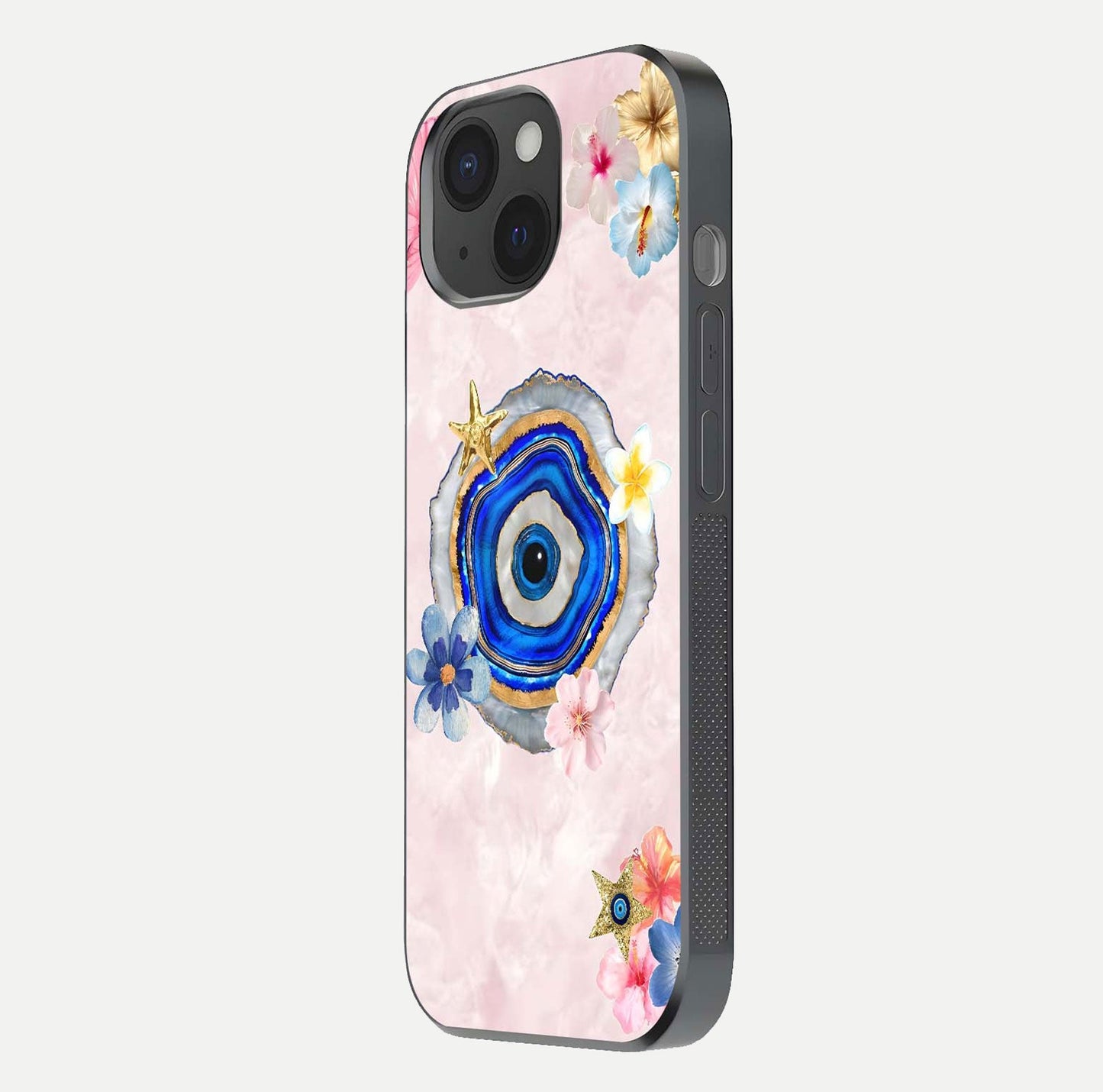 Divine Aura Bloom Glass Case for iPhone 15 side-angle photo capturing reflection glow and premium polish
