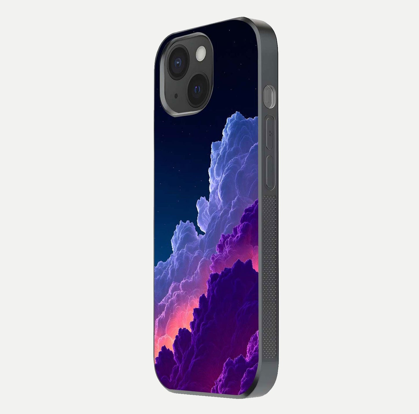 Dreamy Cloud Skies Glass Case for iPhone 15 side-angle image showing reflection clarity and polish