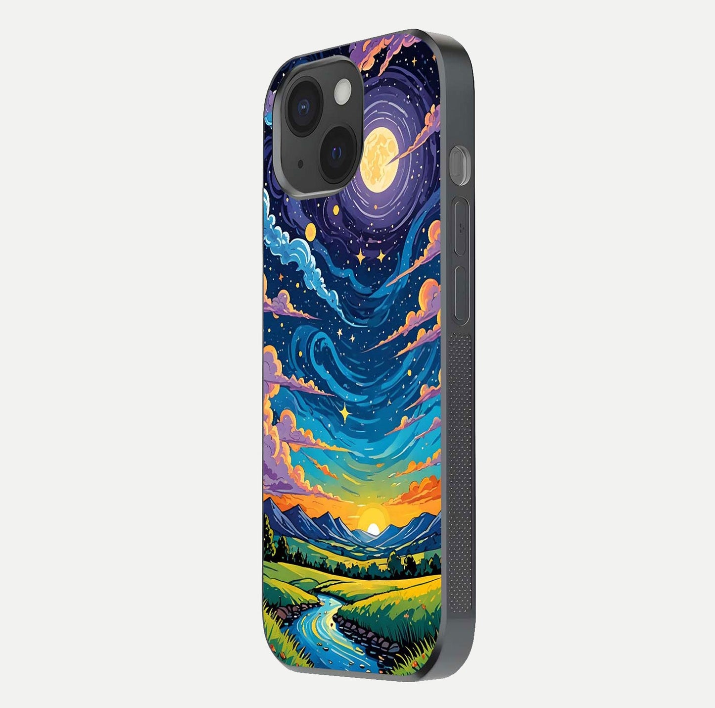 Dreamy Night Landscape Glass Case for iPhone 15 side-angle photo capturing reflection glow and edge detail