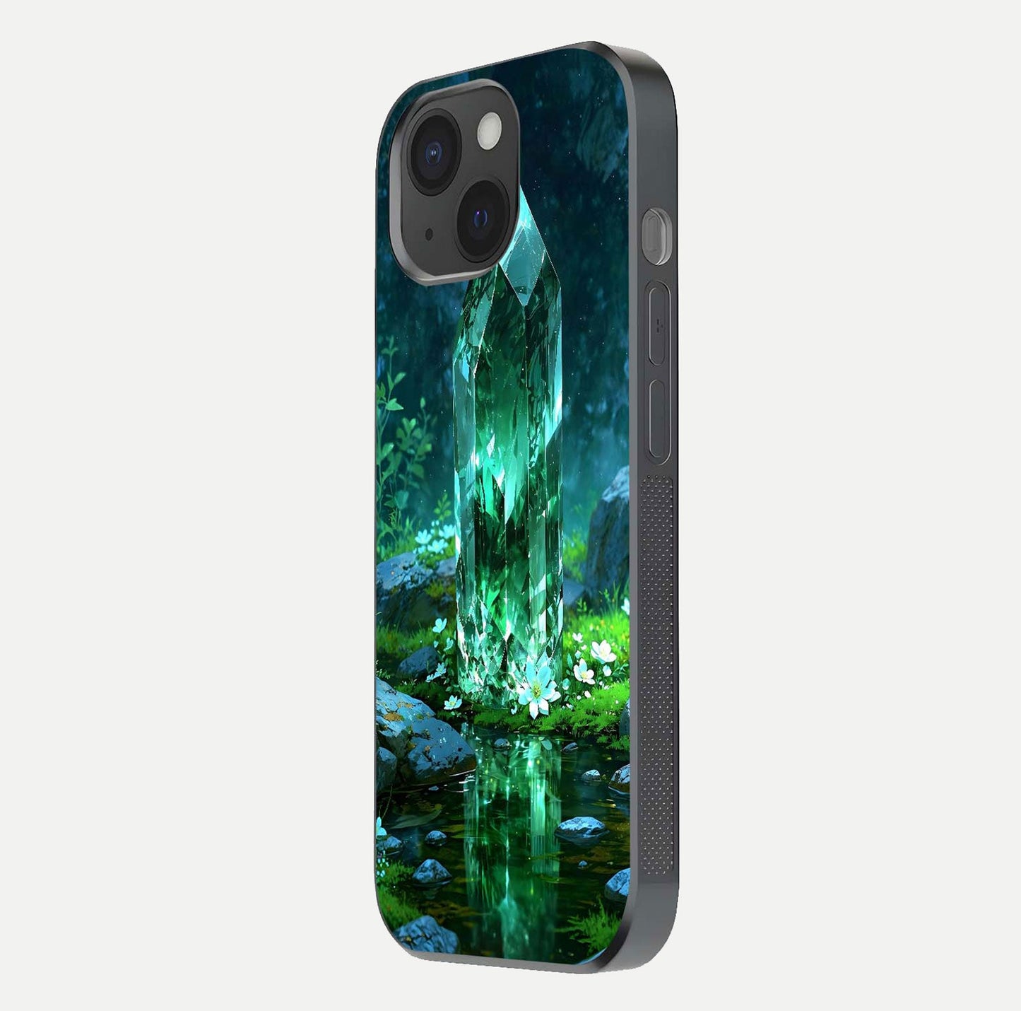 Emerald Light Crystal Glass Case for iPhone 15 side-angle image showing gloss reflection and curved border